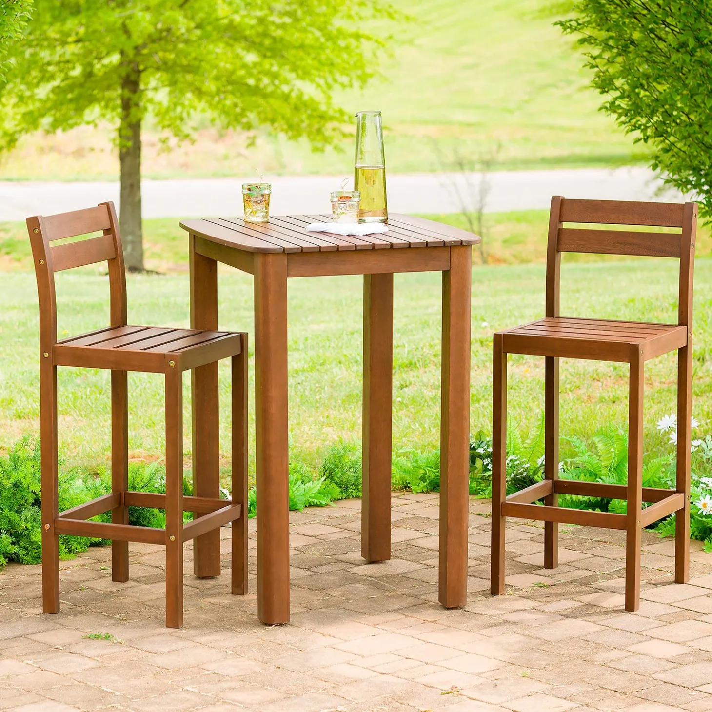 Outdoor Dining Sets>Plow & Hearth Lancaster Eucalyptus Outdoor Bar Set with Table and 2 Bar Stools, 3-Piece Set Natural