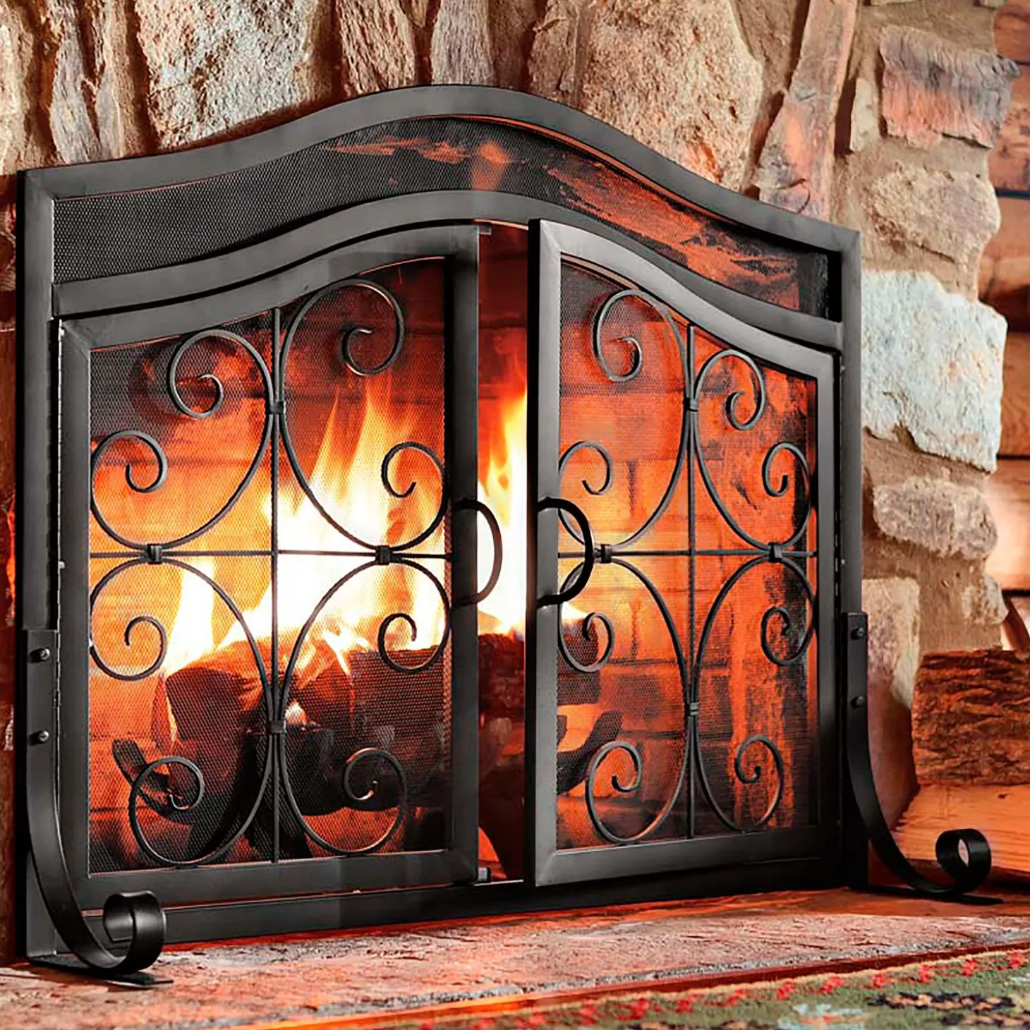 Fireplace Screens With Doors>Plow & Hearth Large Crest Fireplace Screen With Doors Black