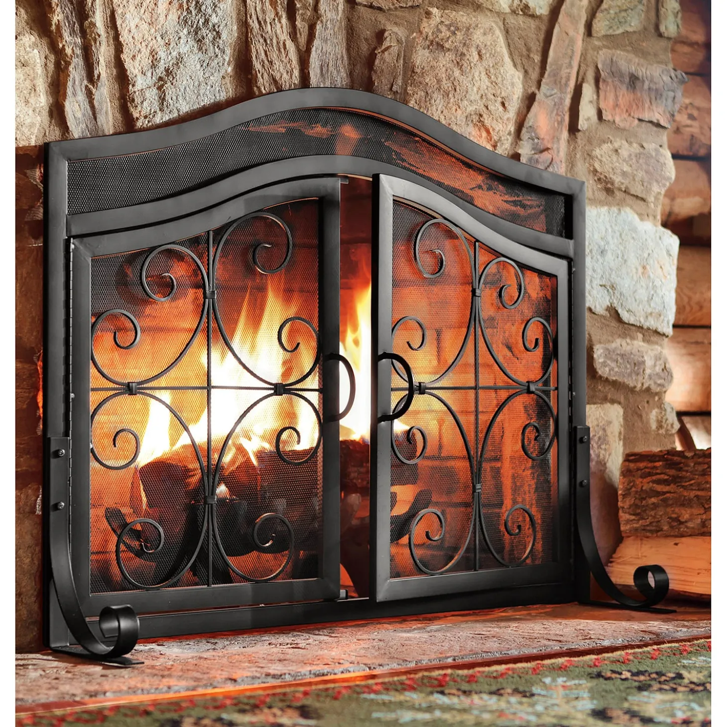 Fireplace Screens With Doors>Plow & Hearth Large Crest Fireplace Screen With Doors Black