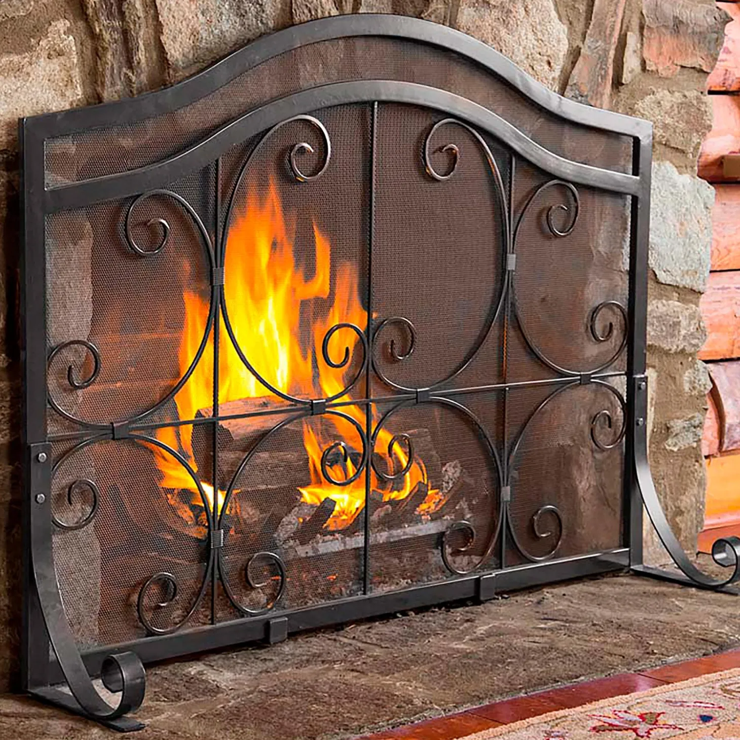 Fireplace Screens With Doors>Plow & Hearth Large Crest Flat Guard Fireplace Screen Black