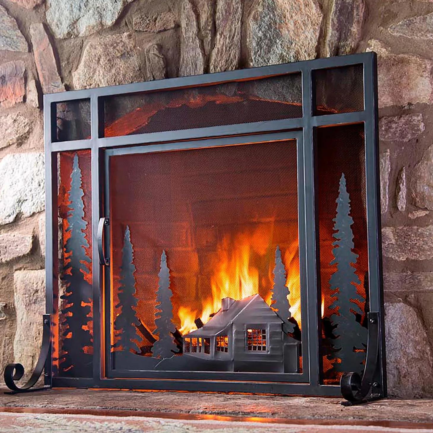 Fireplace Screens With Doors>Plow & Hearth Large Mountain Cabin Fire Screen With Door Black