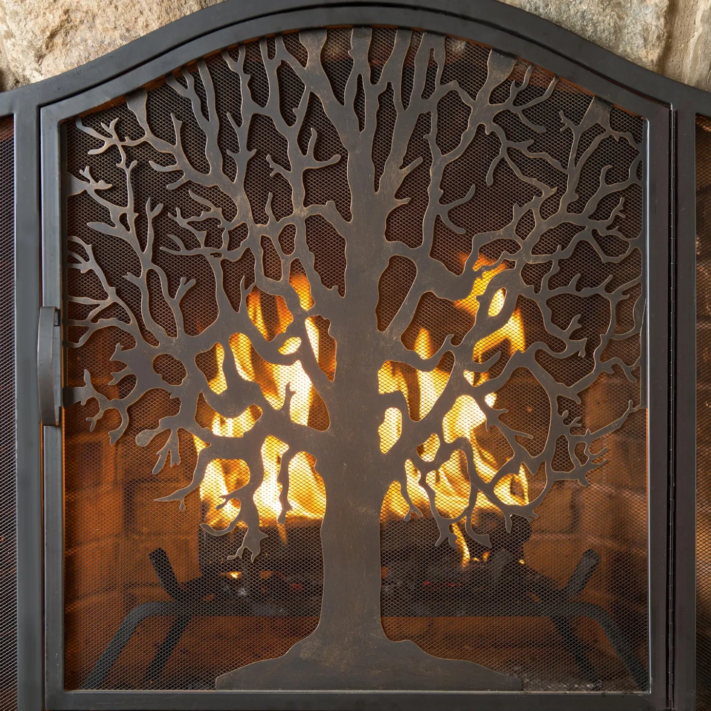 Fireplace Screens With Doors>Plow & Hearth Large Tree of Life Fire Screen with Door Black