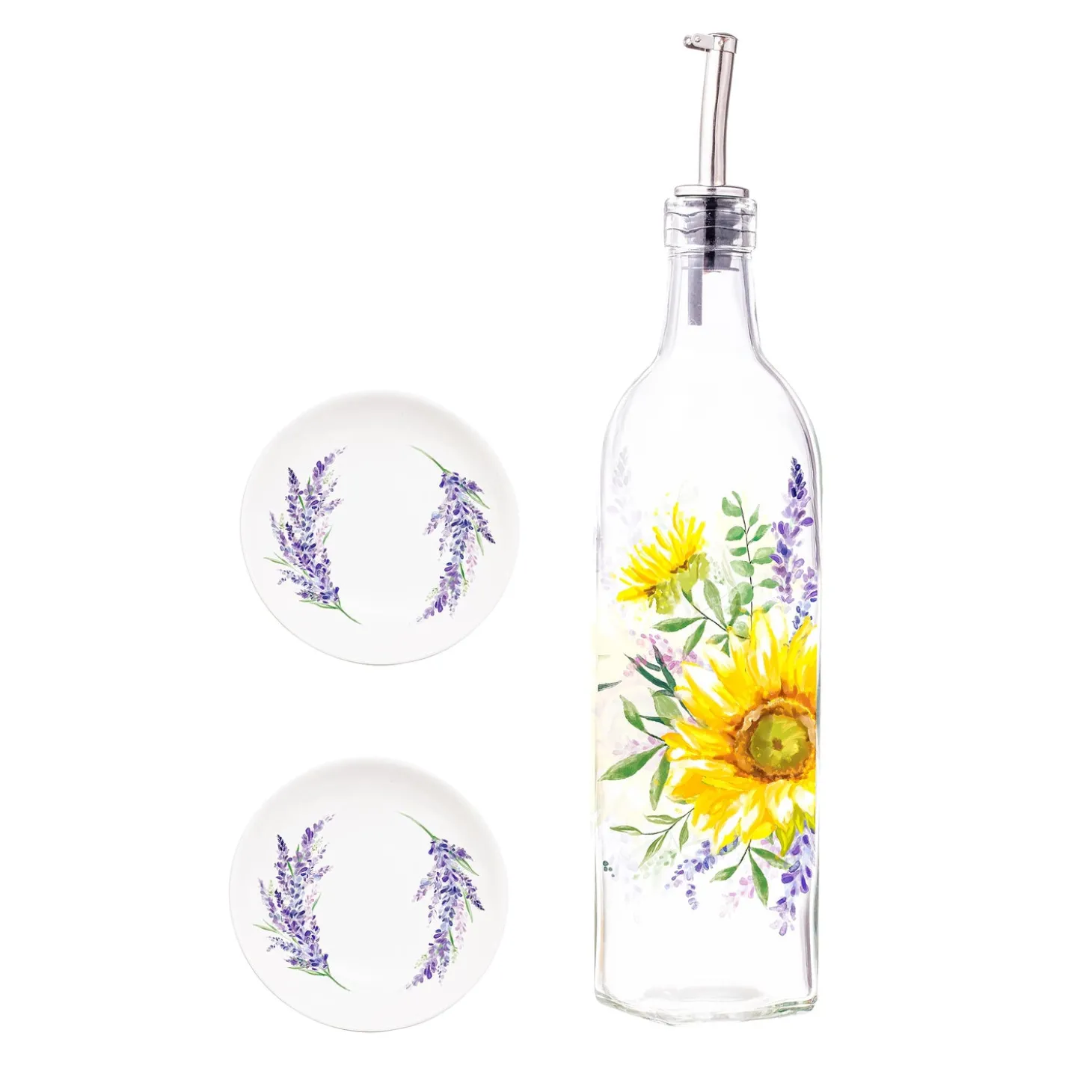 Serveware>Plow & Hearth Lavender Fields Glass Oil Bottle with Ceramic Dip Dishes