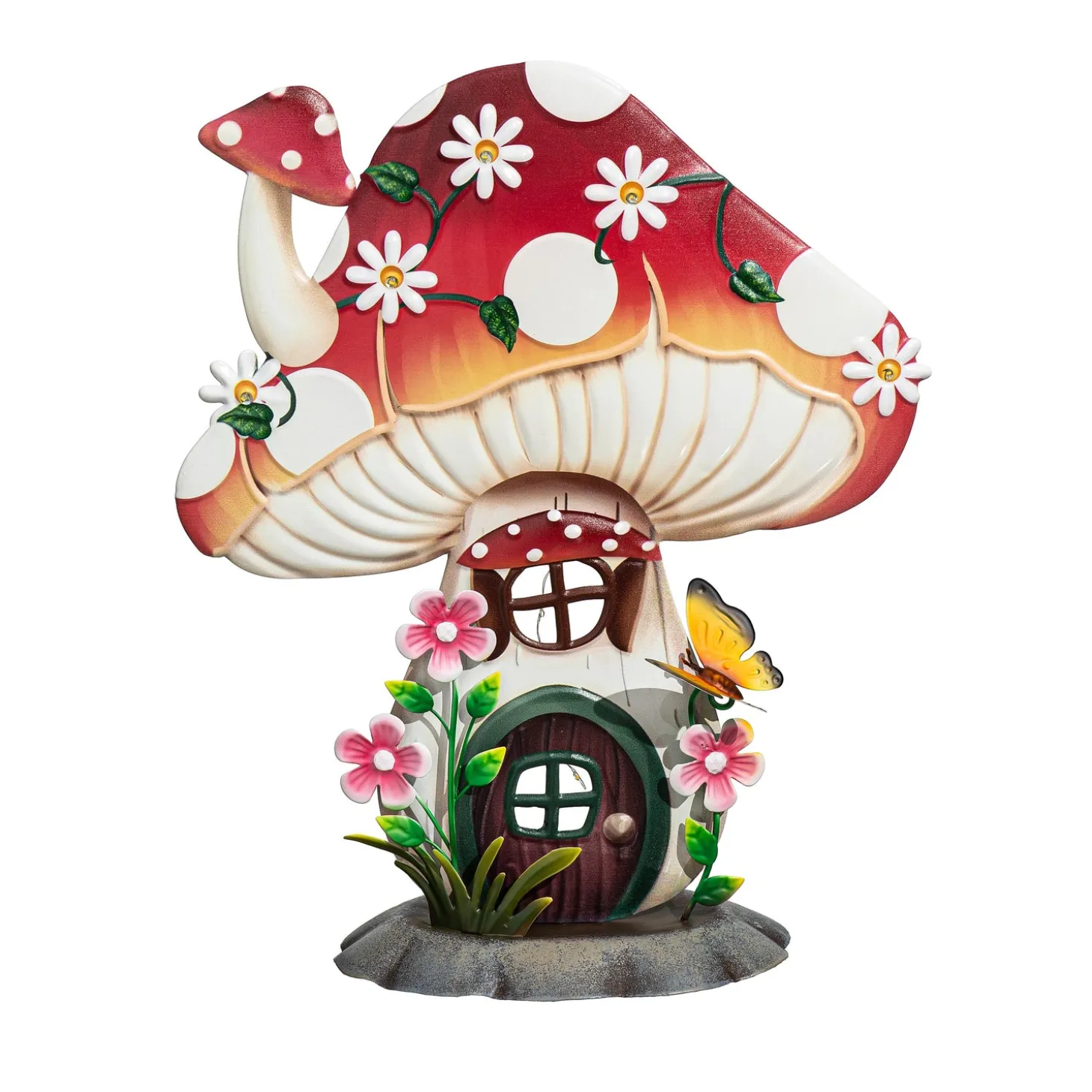 Garden Statues>Plow & Hearth LED Metal Floral Mushroom House Statuary, 16"H