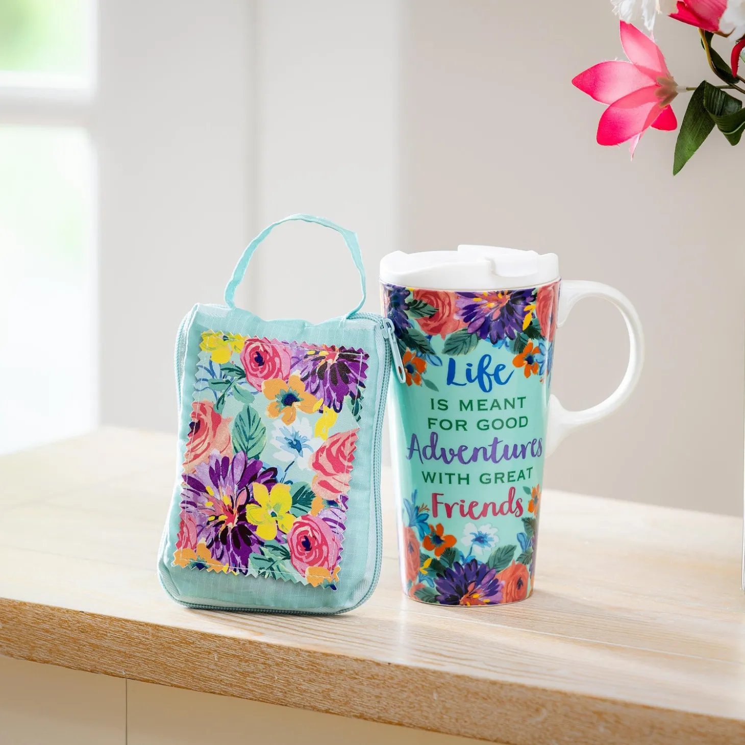 Travel Cups>Plow & Hearth Life Is Meant For Good Adventures Ceramic Perfect Cup and Compact Tote Giftset, 17oz, Gift Box