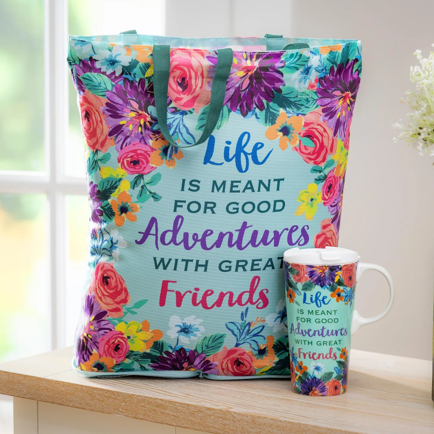 Travel Cups>Plow & Hearth Life Is Meant For Good Adventures Ceramic Perfect Cup and Compact Tote Giftset, 17oz, Gift Box