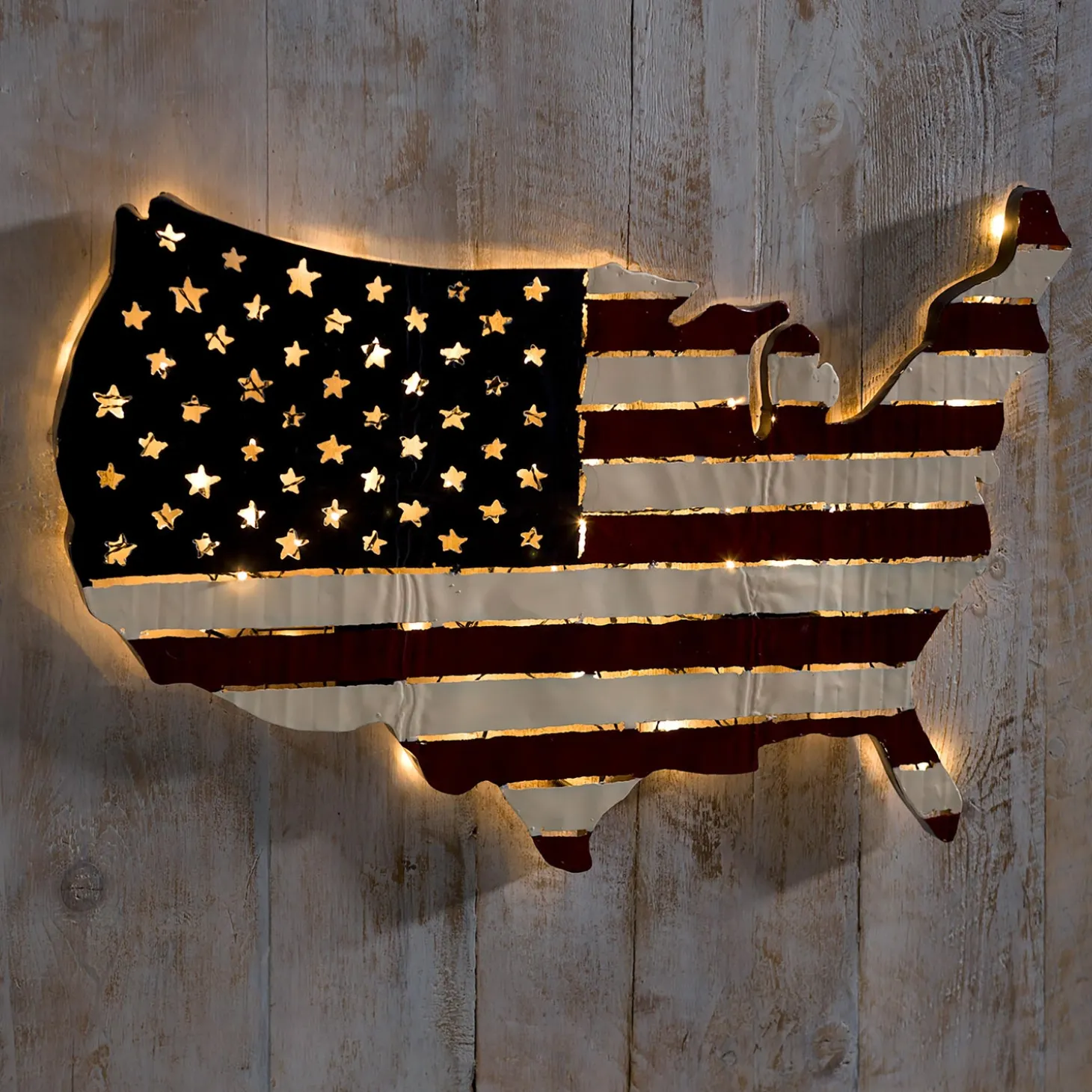 Outdoor Wall Art | Wall Art>Plow & Hearth Lighted American Flag United States Map Wall Art with Timer