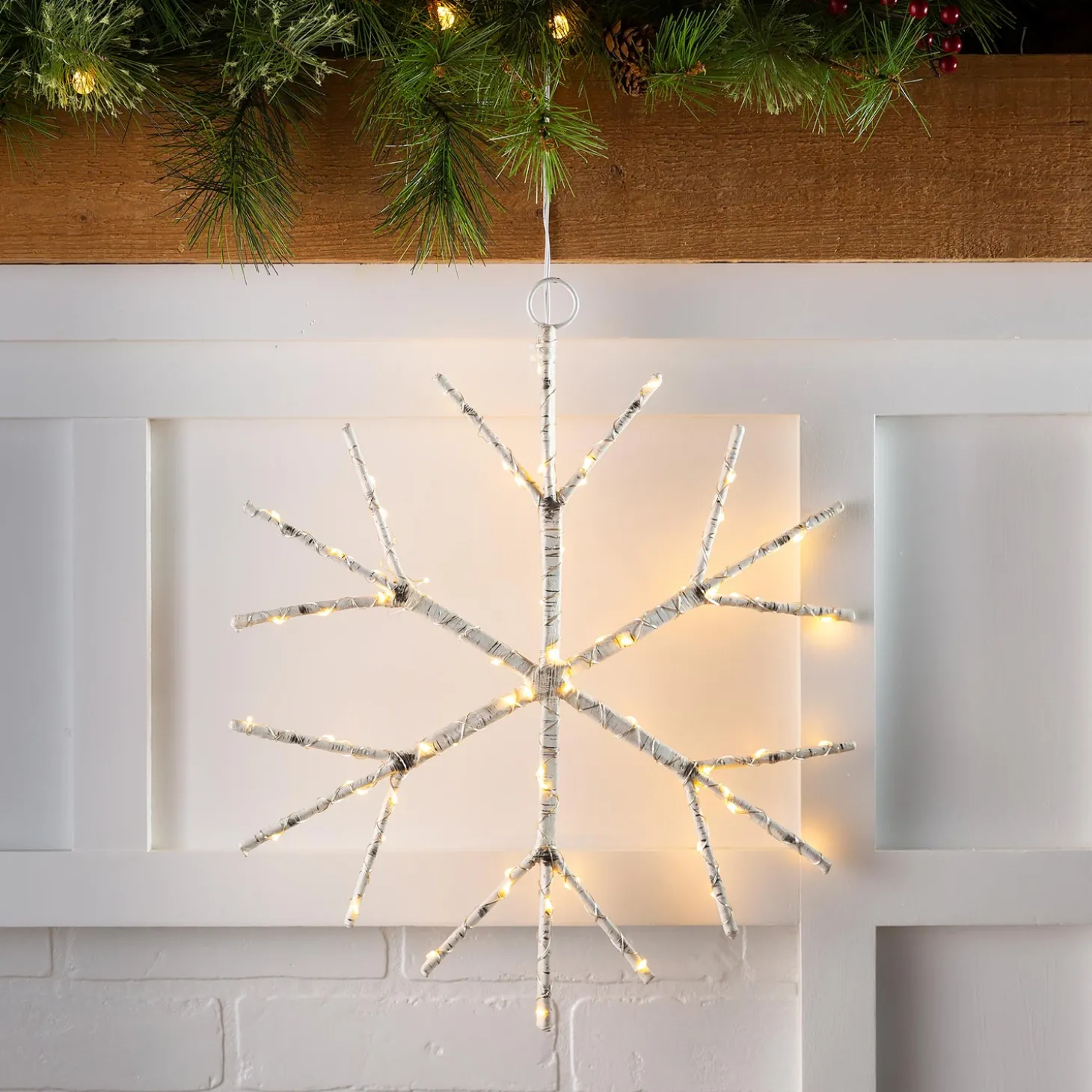 Lighted Accents>Plow & Hearth Lighted Birch Branch Snowflake Hanging Accent White