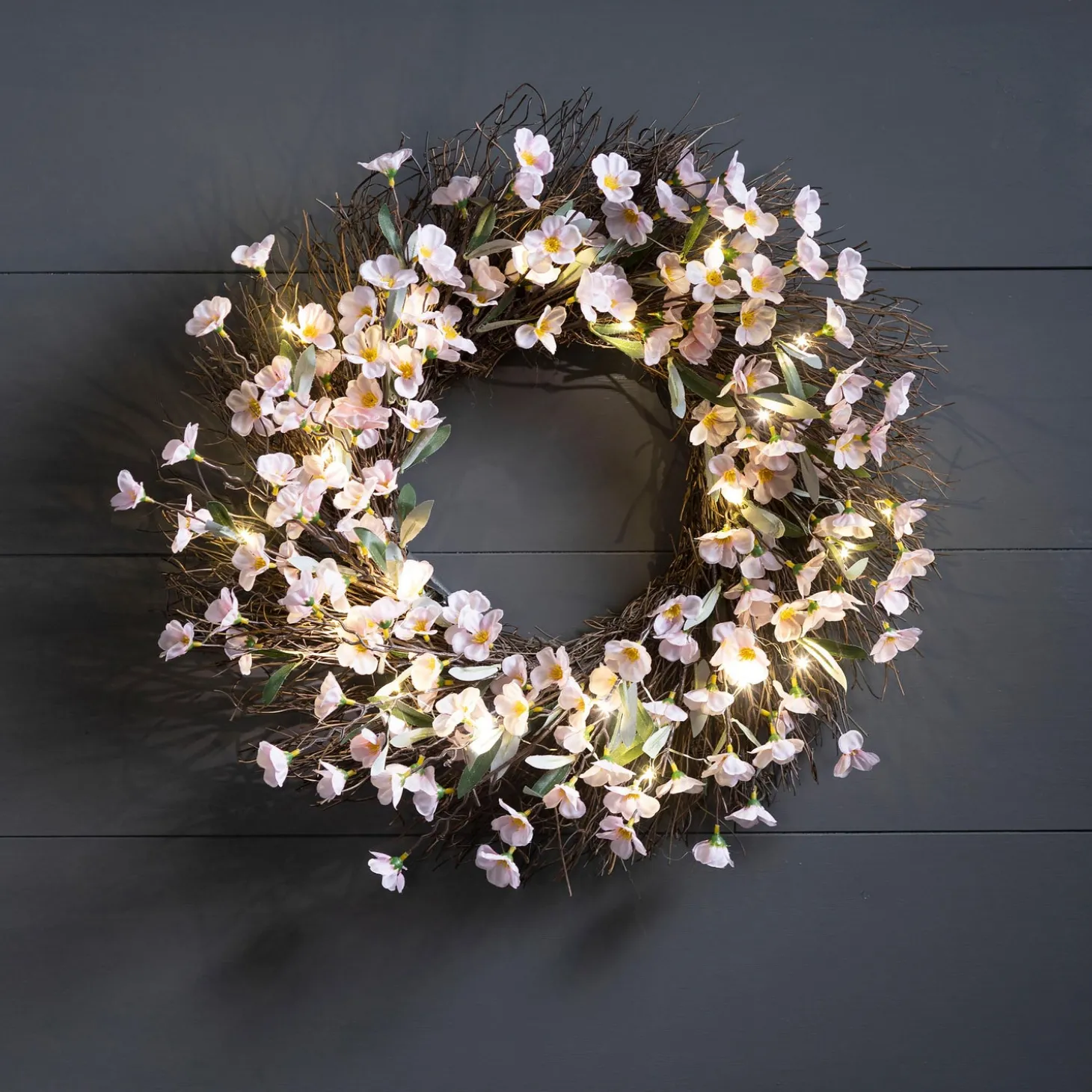 Wreaths | Faux Flowers & Plants>Plow & Hearth Lighted Faux Cherry Blossom Wreath