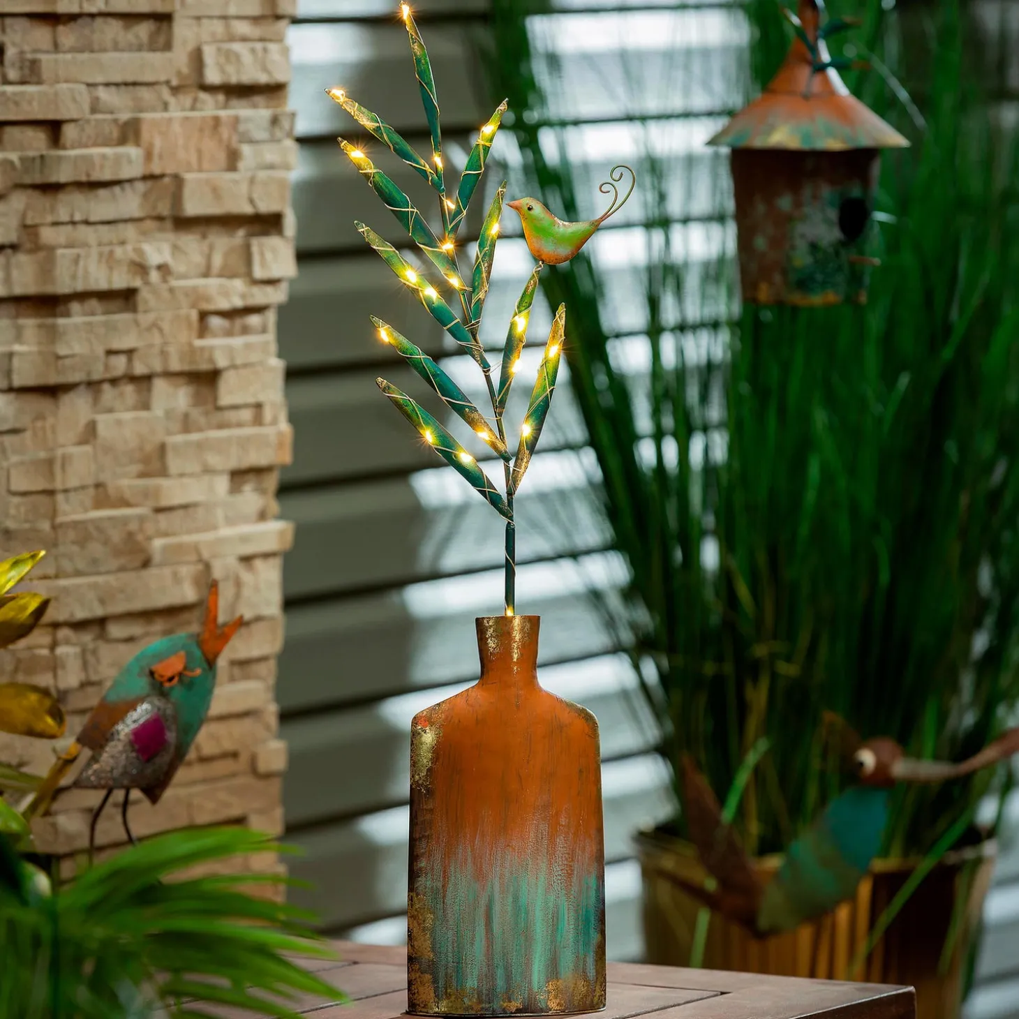 Decorative Accents>Plow & Hearth Lighted Metal Vase with Bird Garden Statue