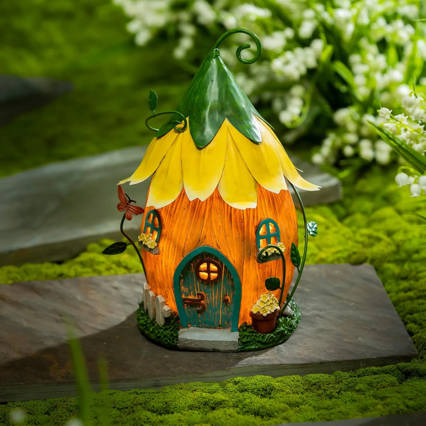 Garden Statues>Plow & Hearth Lighted Yellow Floral Fairy House