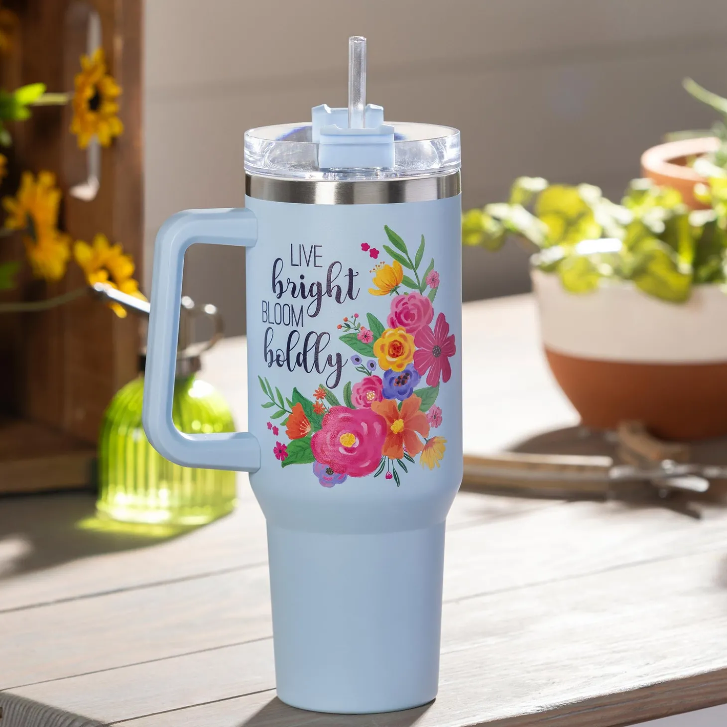 Travel Cups>Plow & Hearth Live Bright Bloom Boldly Canyon Cup, Double Wall Stainless Steel w/ Straw, 40oz, Gift Box