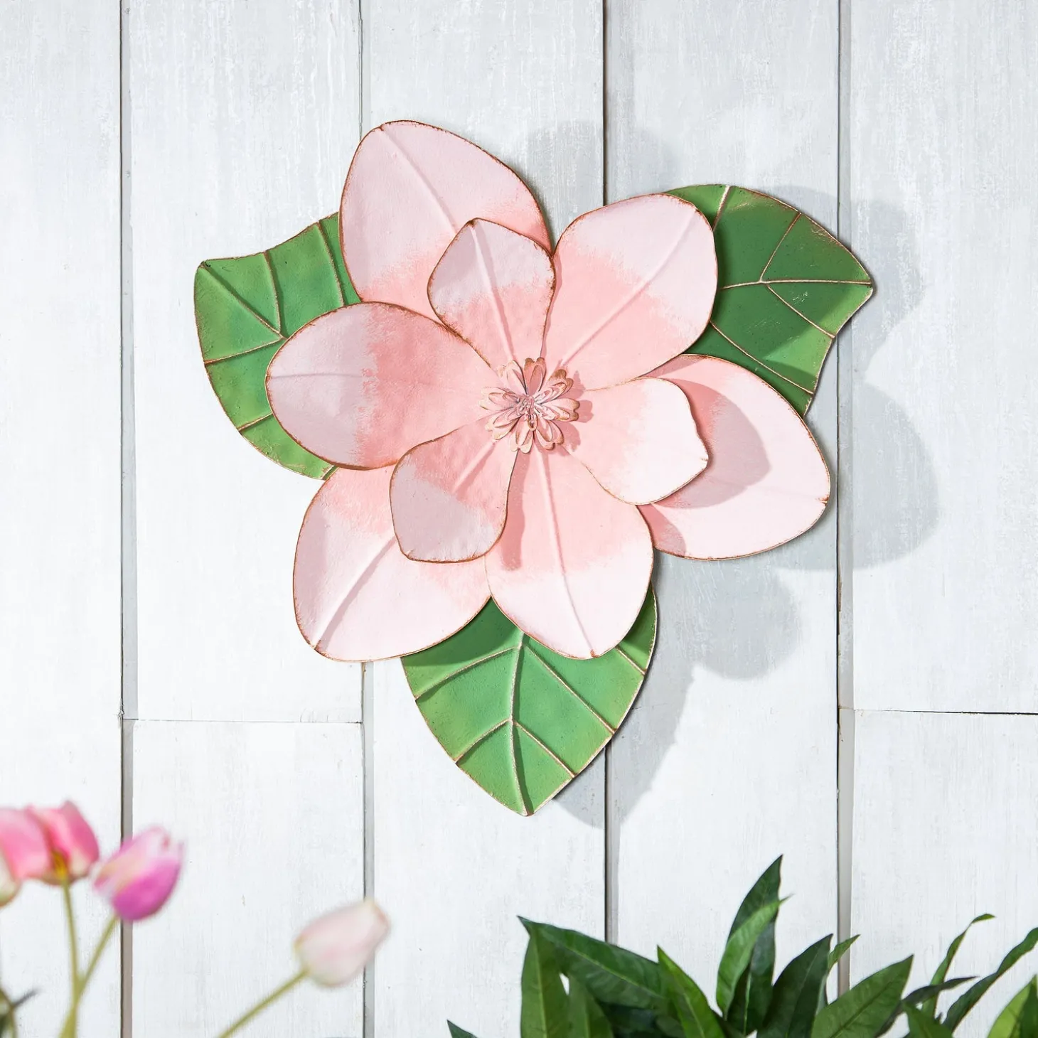 Outdoor Wall Art | Wall Art>Plow & Hearth Magnolia Metal Wall Art, Pink Multi