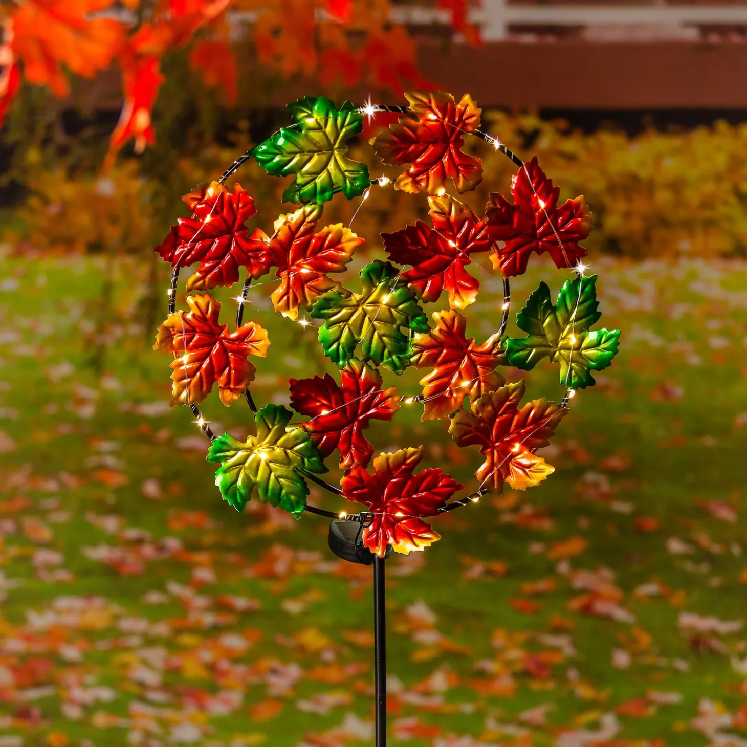 Garden Stakes | Solar Accents>Plow & Hearth Maple Leaves Garden Stake with Solar Chasing Light Effect