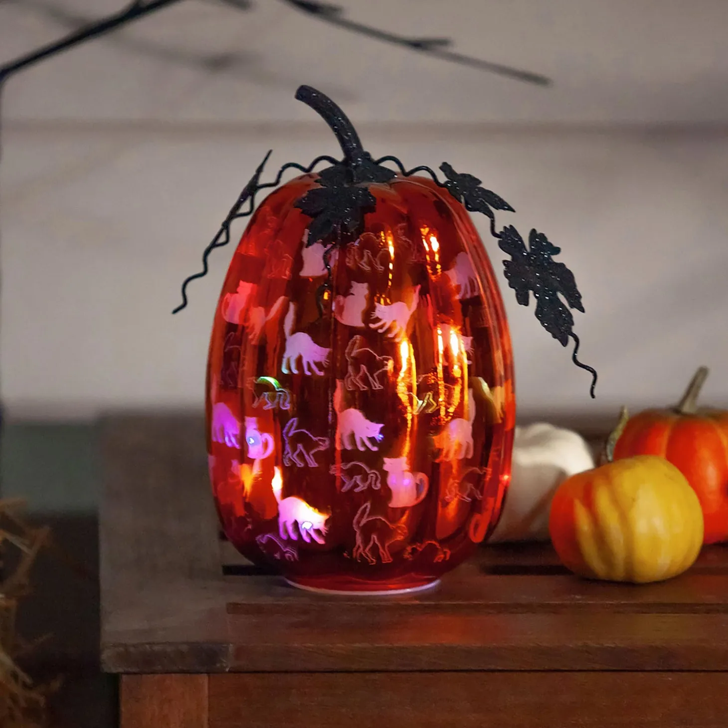 Lamps & Lighting>Plow & Hearth Mercury Glass Lighted Orange Pumpkin with Cats