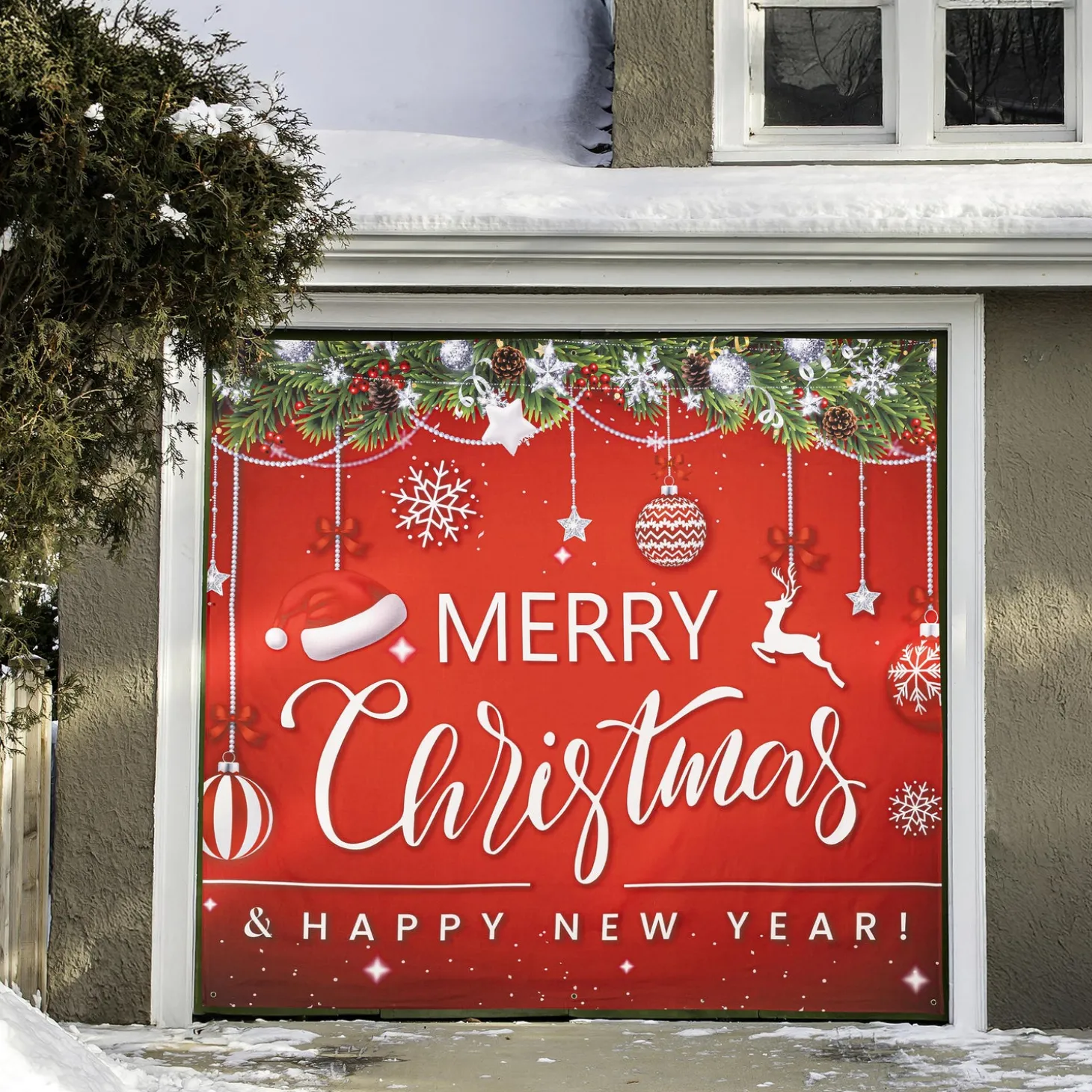 Bunting & Banners>Plow & Hearth Merry Christmas & Happy New Year Single Garage Door Cover