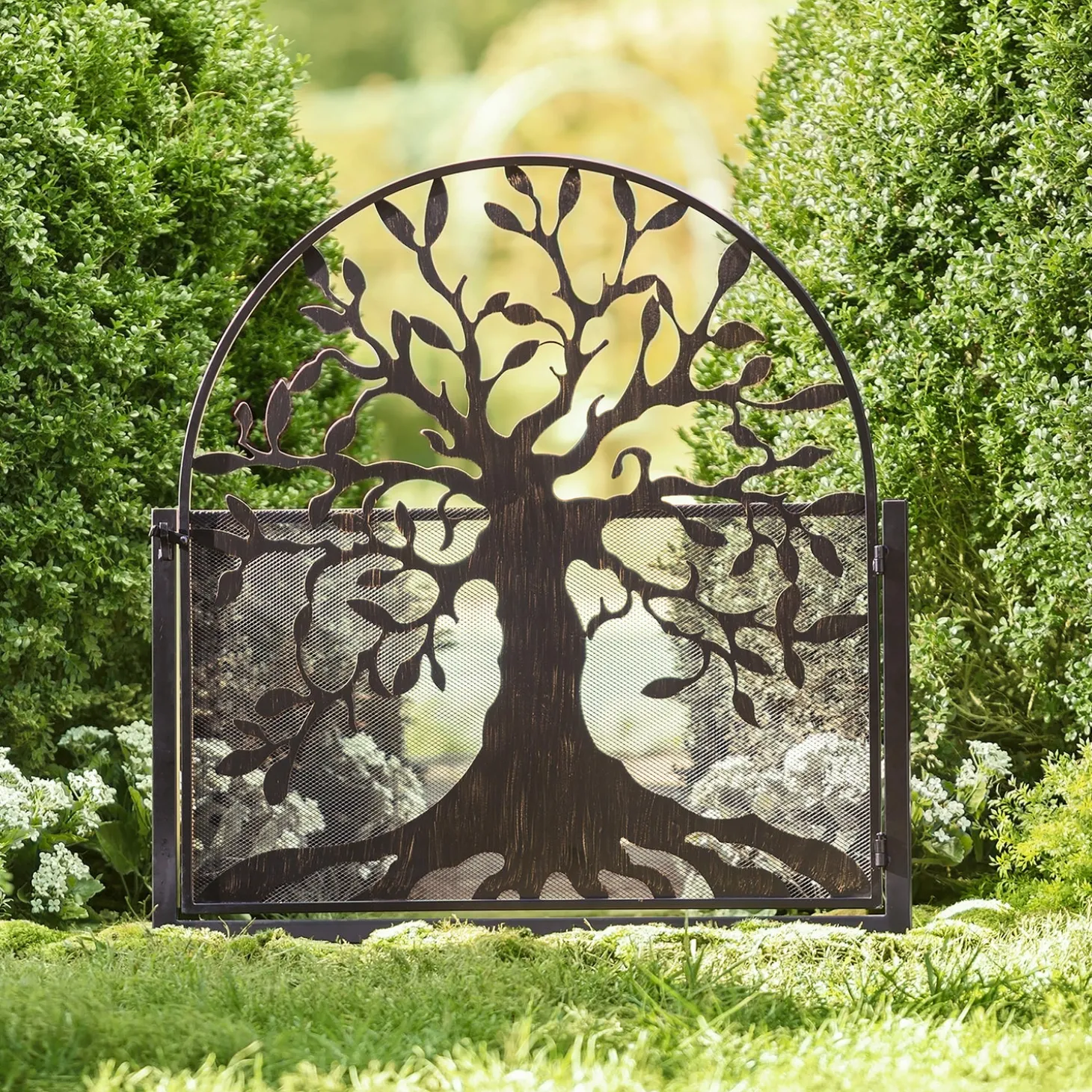 Garden Stakes | Arbors & Trellises>Plow & Hearth Metal Arched Stand-Alone Garden Gate with Tree of Life Design