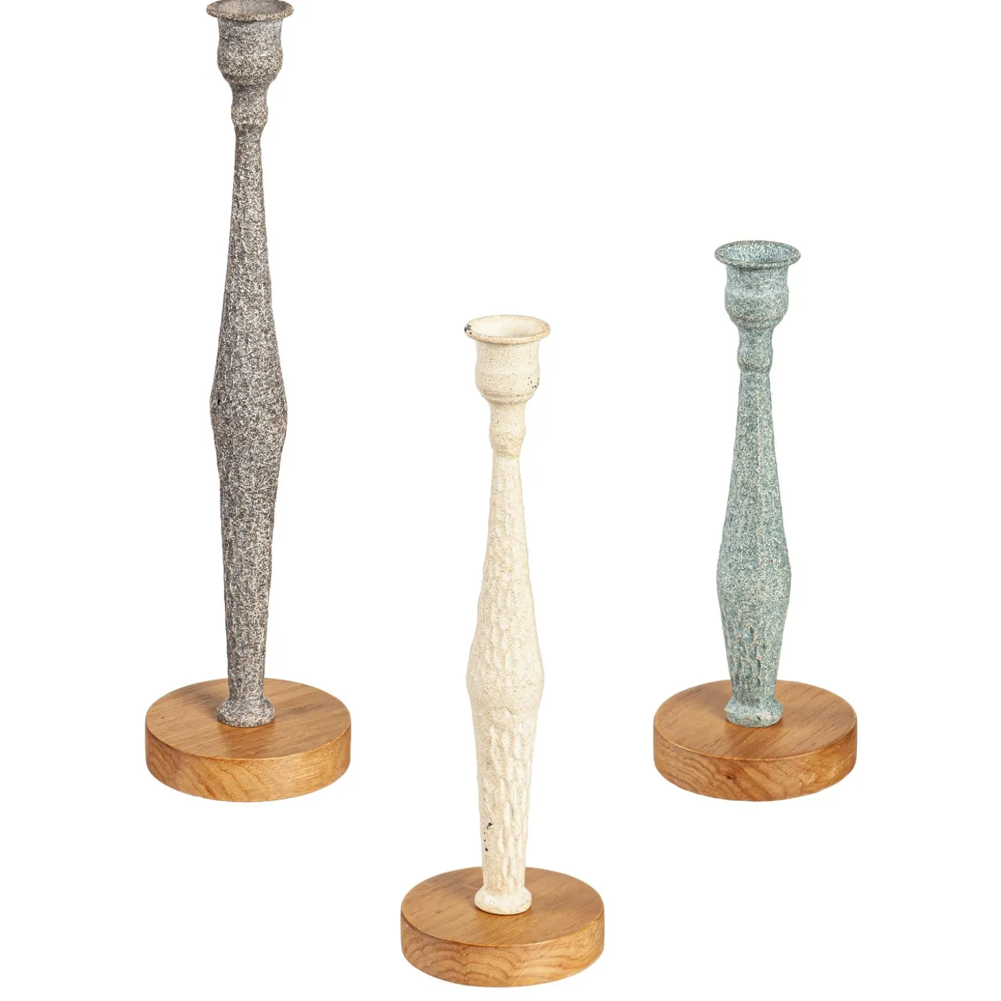 Decorative Accents | Candles & Lanterns>Plow & Hearth Metal Candlestick Holder with Wood Base, Set of 3