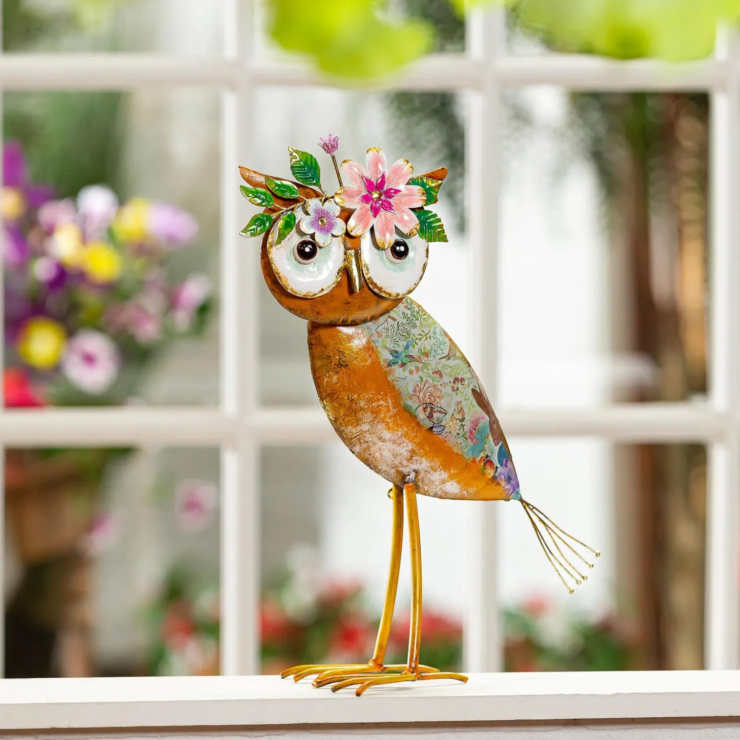 Garden Statues>Plow & Hearth Metal Floral Orange Owl Statue, 17"H