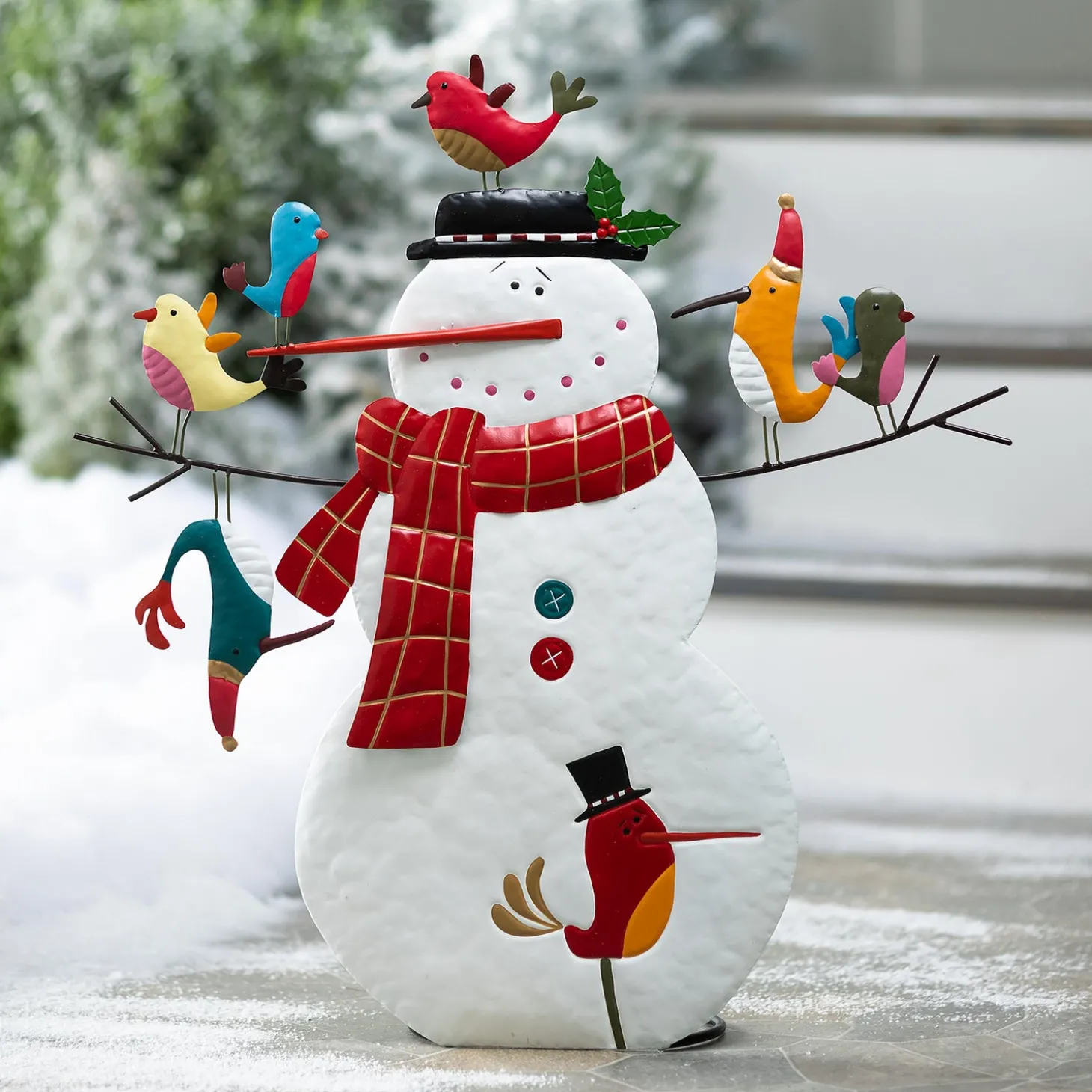 Garden Statues>Plow & Hearth Metal Snowman and Birds Garden Statue