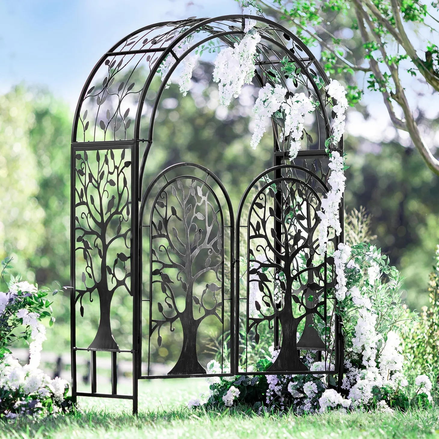 Arbors & Trellises>Plow & Hearth Metal Tree of Life Arched Garden Arbor with Gate