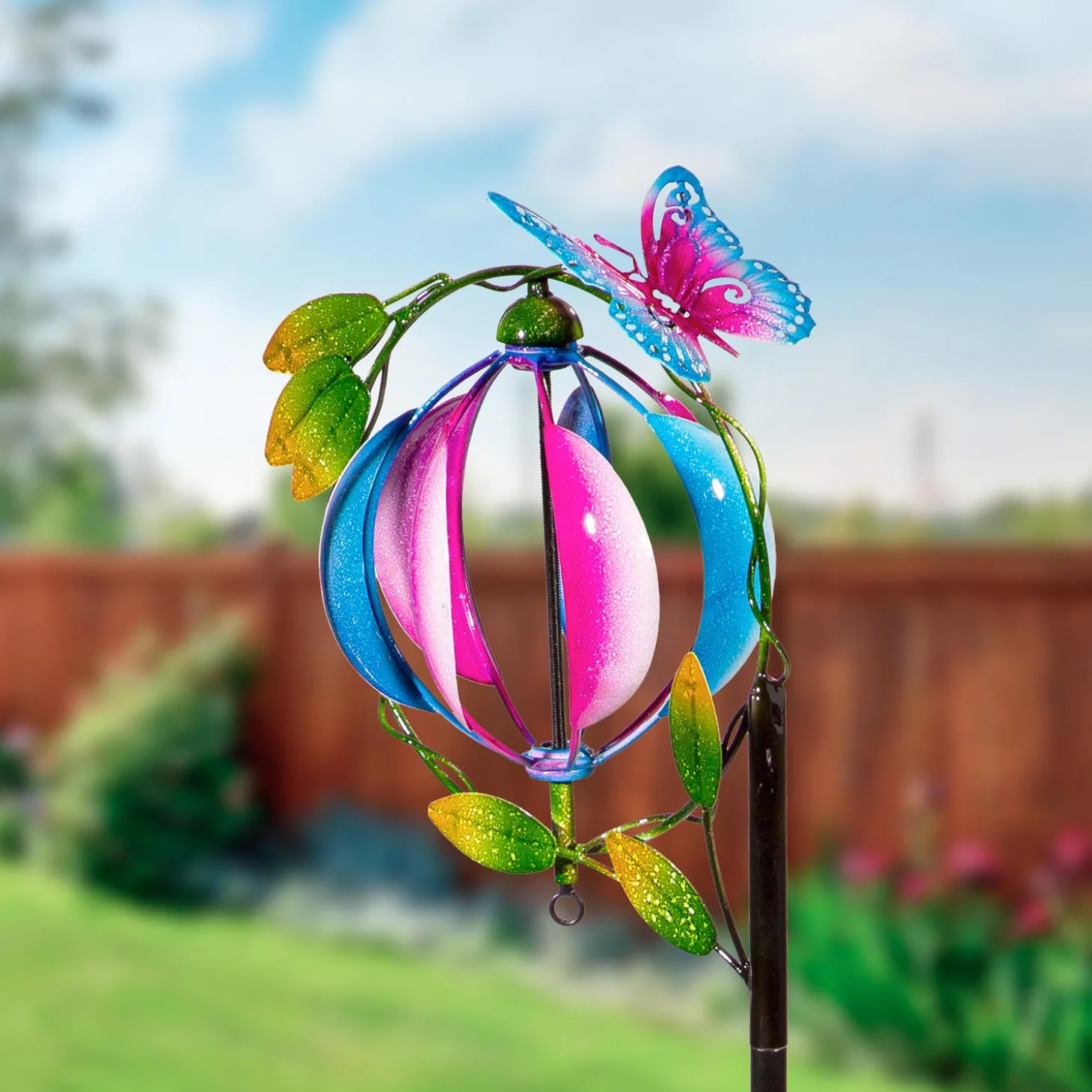 Wind Spinners>Plow & Hearth Metal Wind Spinner, Blue & Pink Orb With Butterfly, 48"H