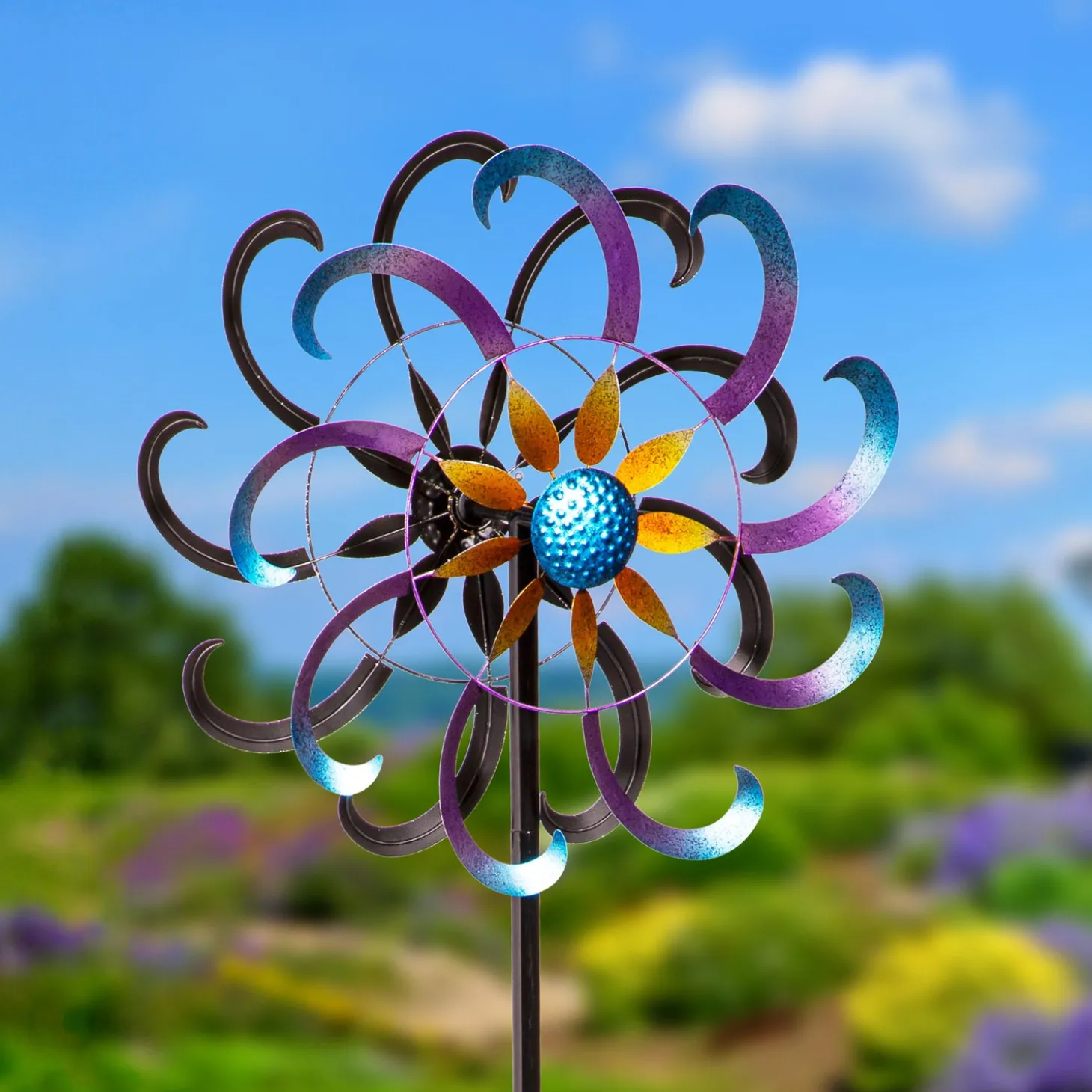 Wind Spinners>Plow & Hearth Metal Wind Spinner, Blue & Purple Floral, 75"H