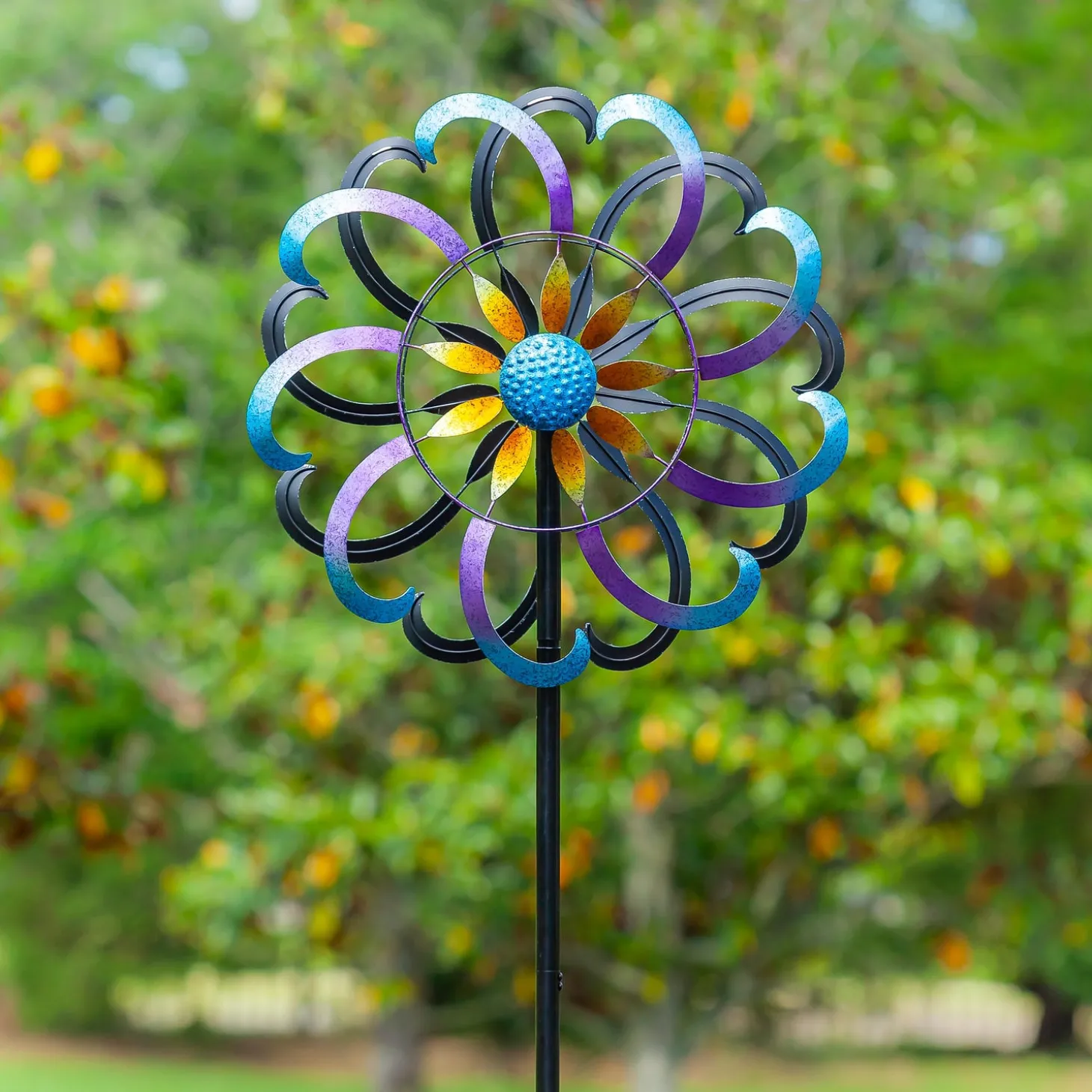 Wind Spinners>Plow & Hearth Metal Wind Spinner, Blue & Purple Floral, 75"H