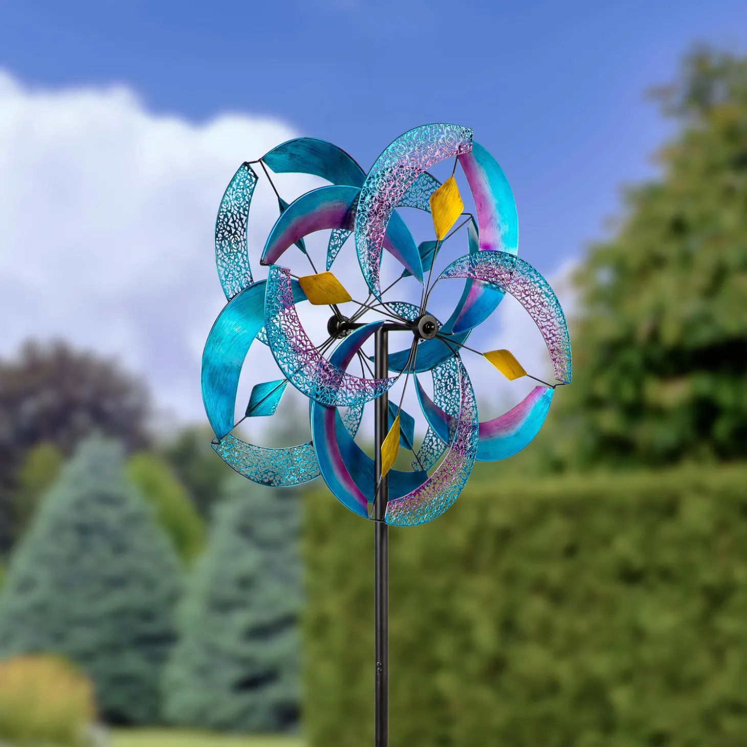 Wind Spinners>Plow & Hearth Metal Wind Spinner, Blue Patterned, 75"H