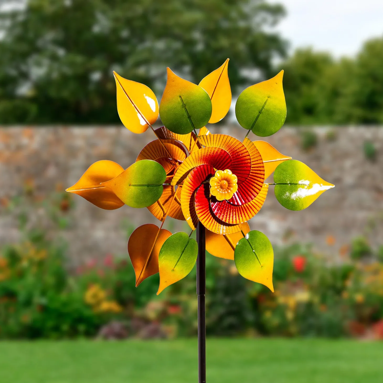 Wind Spinners>Plow & Hearth Metal Wind Spinner, Red & Yellow Flower With Leaves, 70"H