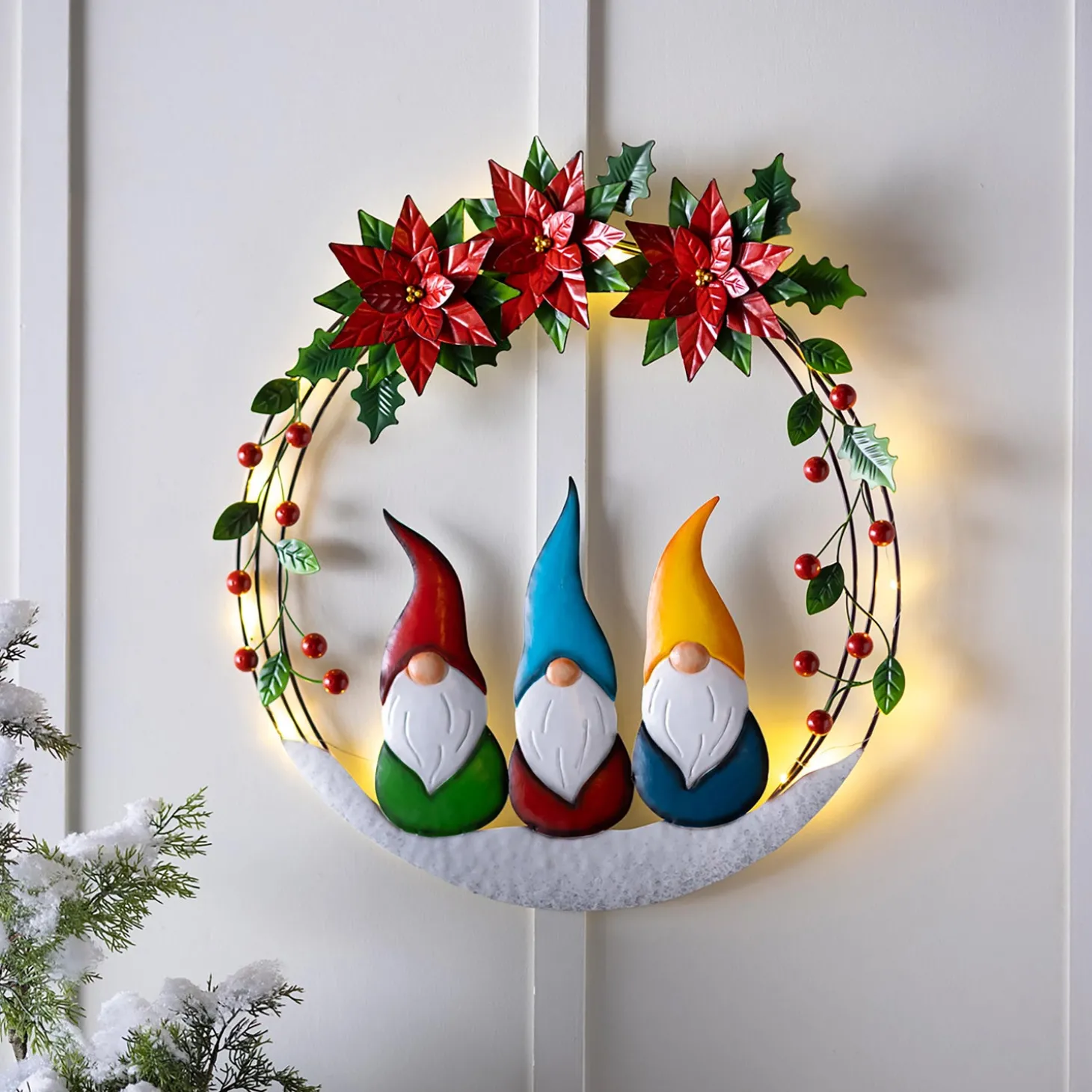 Wreaths>Plow & Hearth Metal Wreath with 3 Gnomes