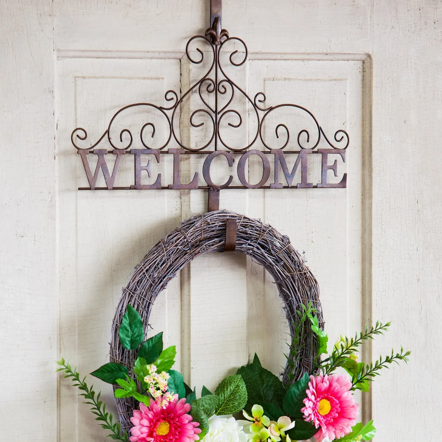 Wreaths>Plow & Hearth Metallic Copper Fleur-de-Lis Welcome Wreath Holder