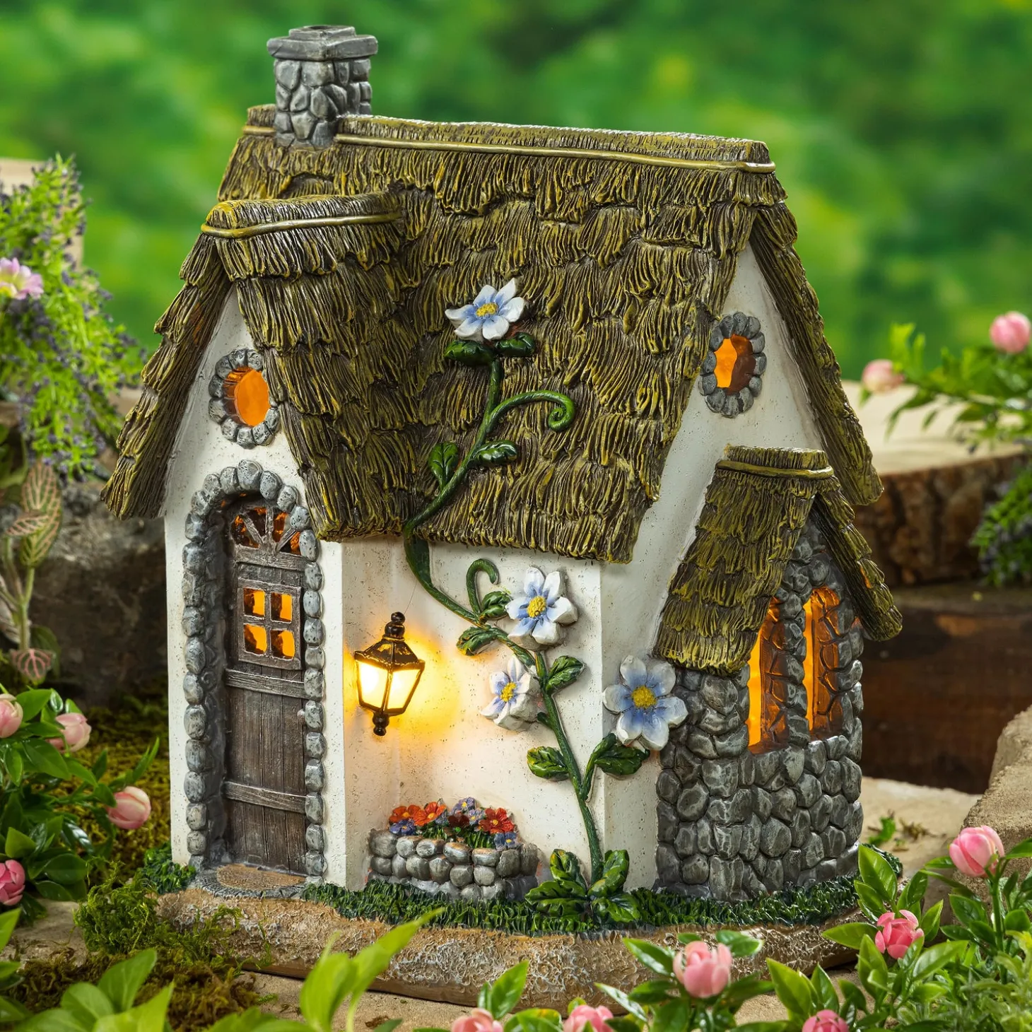 Garden Statues | Solar Accents>Plow & Hearth Miniature Fairy Garden Solar English Stone Cottage