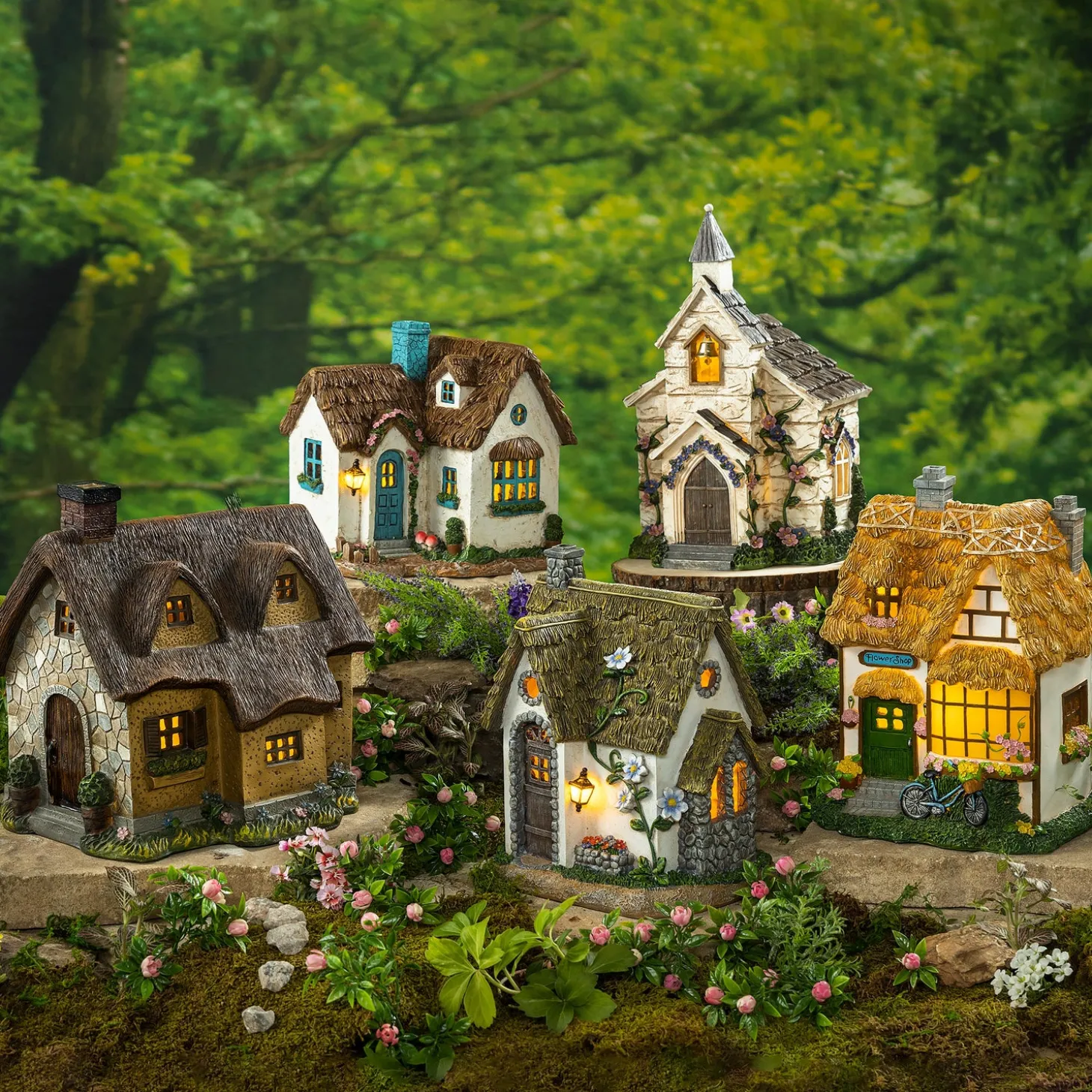 Garden Statues | Solar Accents>Plow & Hearth Miniature Fairy Garden Solar English Stone Cottage