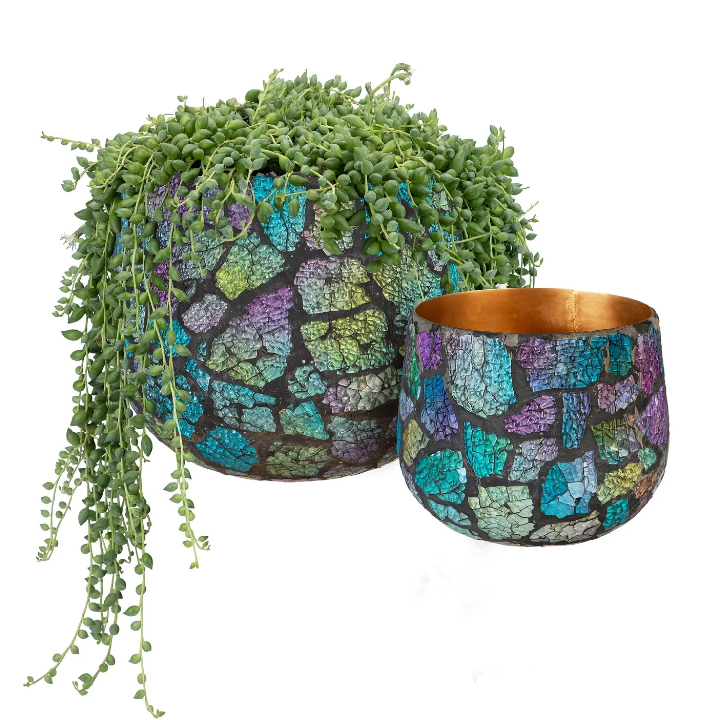 Planters & Plant Stands>Plow & Hearth Mosaic Glass and Metal Planter, Nested Set of 2