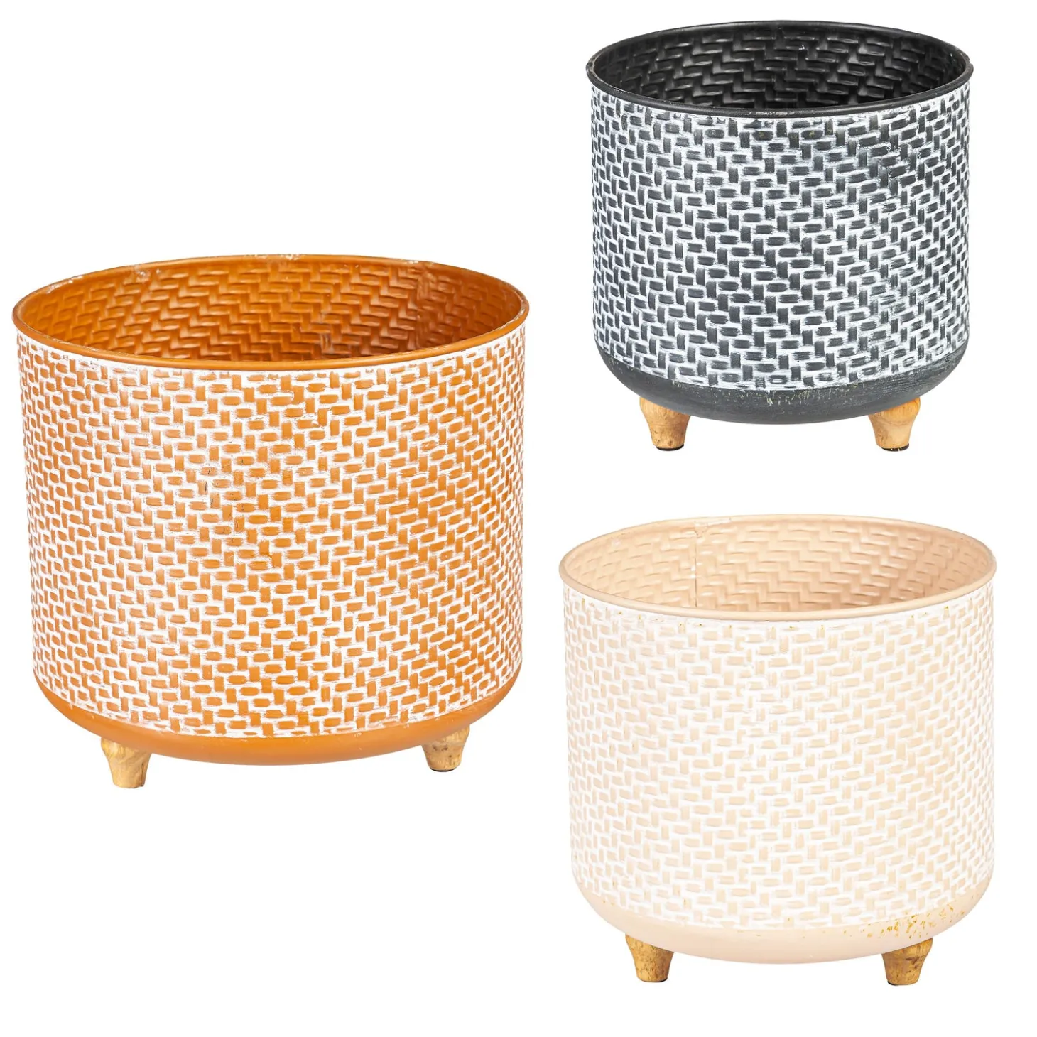 Planters & Plant Stands>Plow & Hearth Multi-Color Metal Planters with Wooden Legs, Nested Set of 3