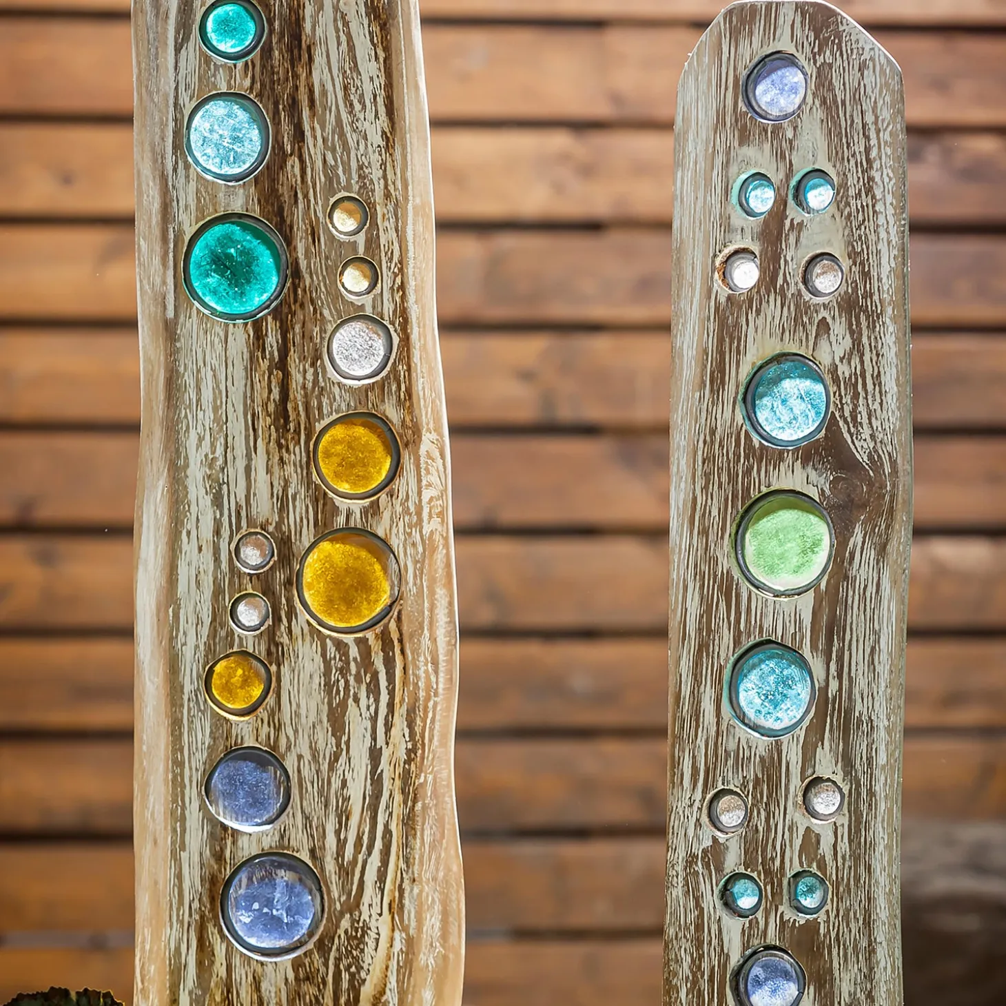 Garden Stakes>Plow & Hearth Natural Driftwood Colorful Glass Statuary, Sequence
