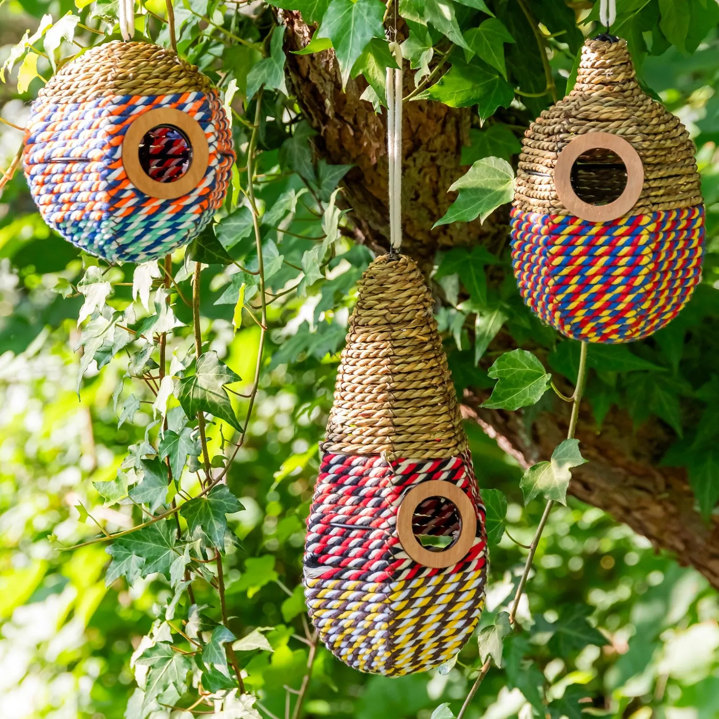 Birdhouses>Plow & Hearth Natural Woven Seagrass Birdhouses, Set of 3