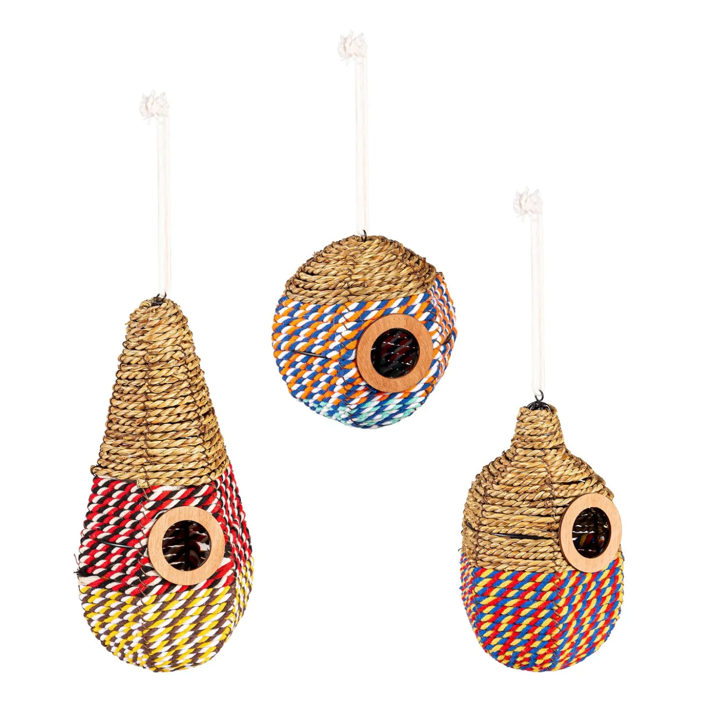 Birdhouses>Plow & Hearth Natural Woven Seagrass Birdhouses, Set of 3