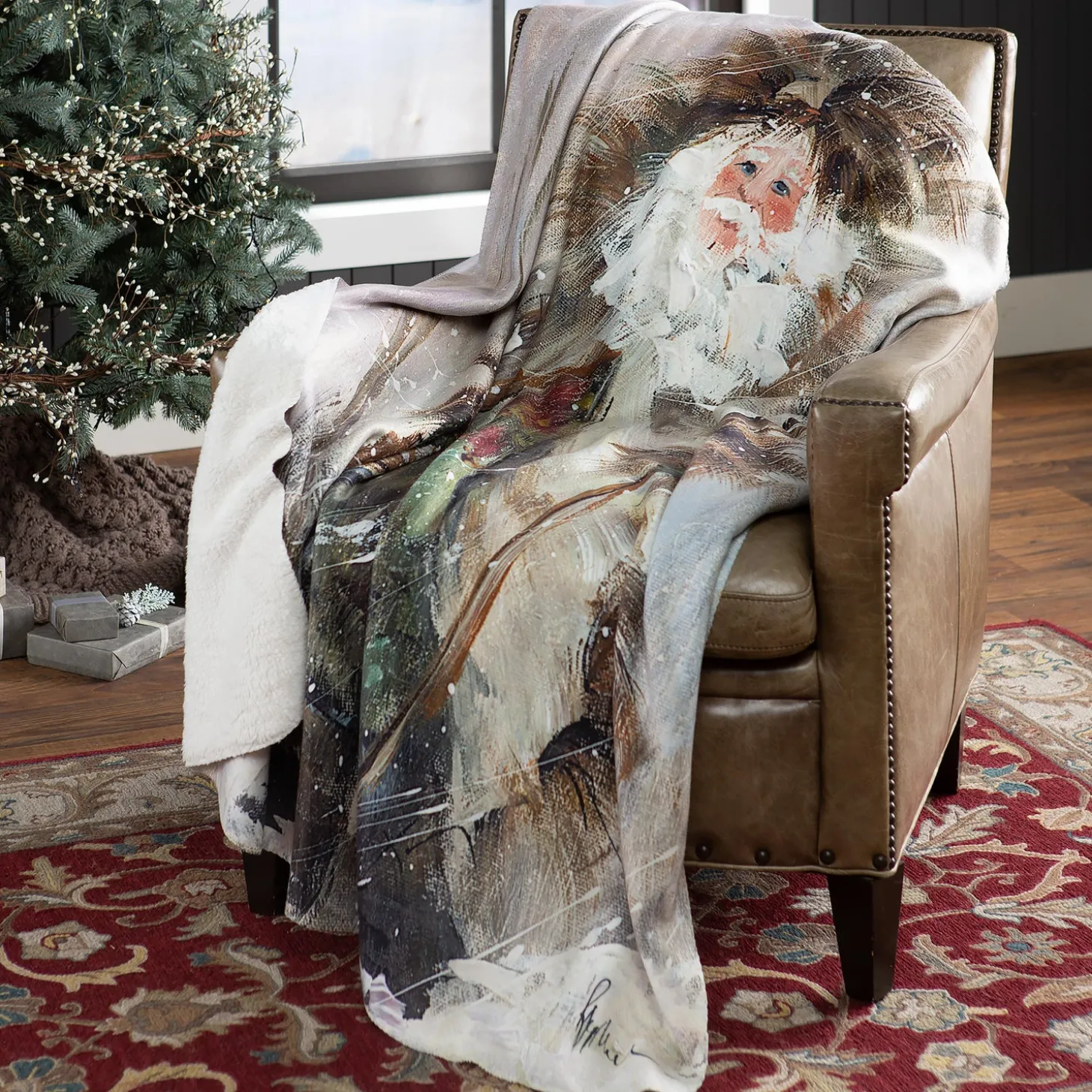 Throws & Blankets>Plow & Hearth Northwoods Santa Sherpa Fleece Throw