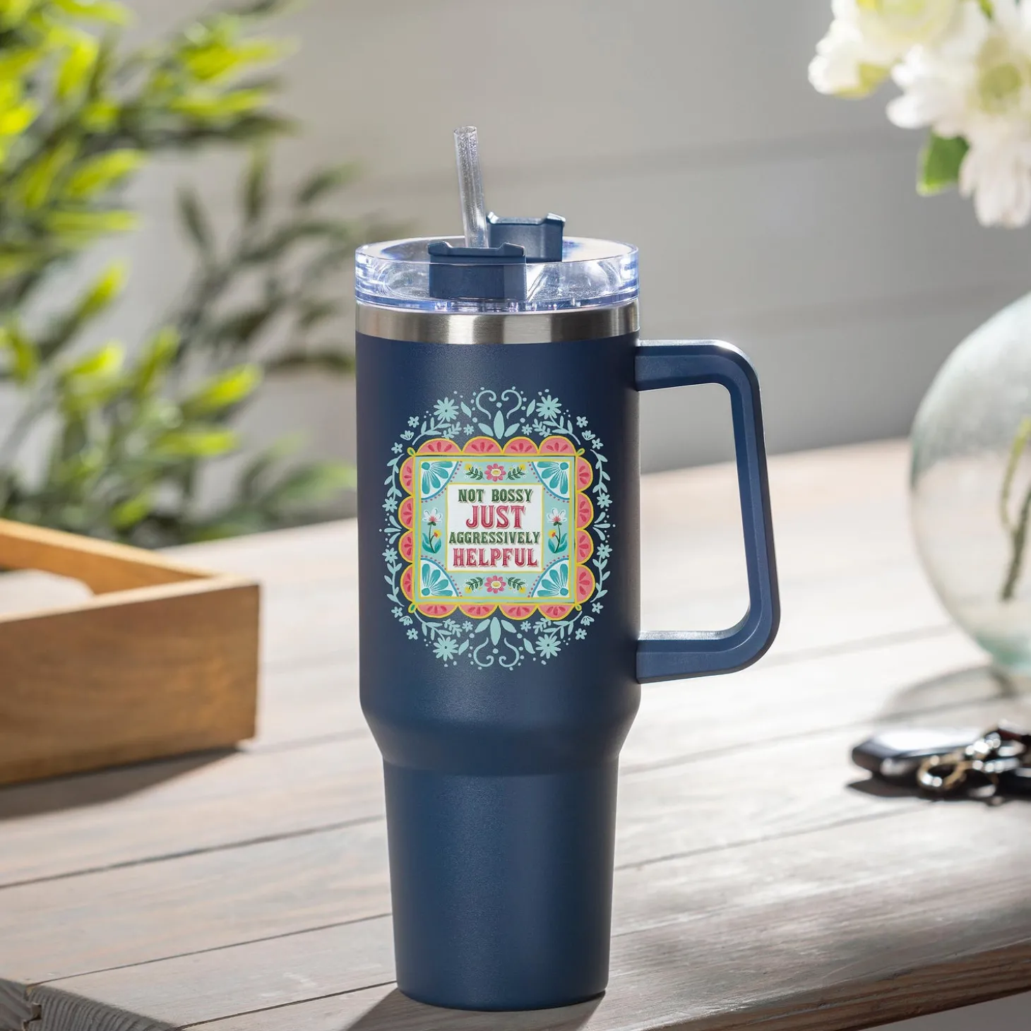Travel Cups>Plow & Hearth Not Bossy Canyon Cup, Double Wall Stainless Steel w/ Straw, 40oz, Gift Box