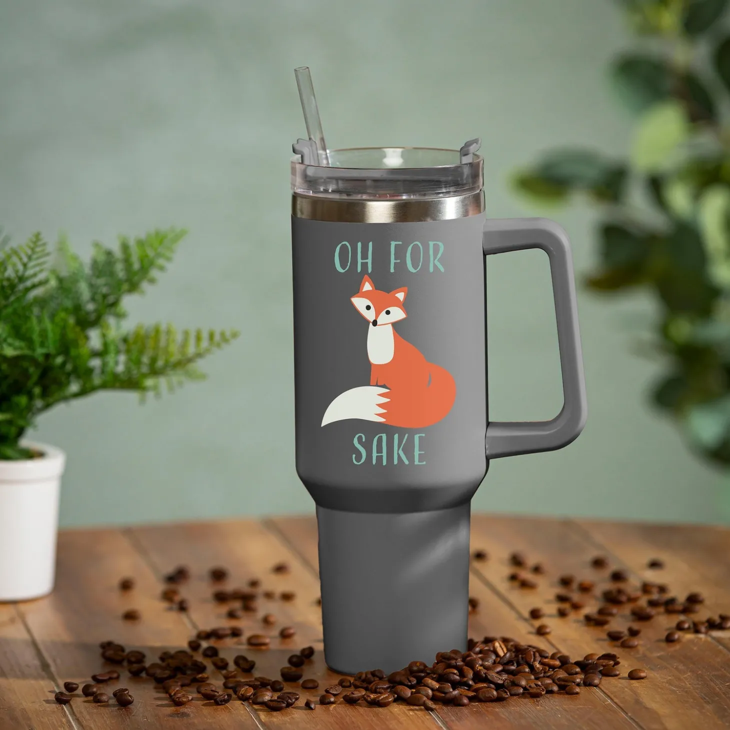 Travel Cups>Plow & Hearth Oh For Fox Sake Canyon Cup, Double Wall Stainless Steel w/ Straw, 40oz, Gift Box