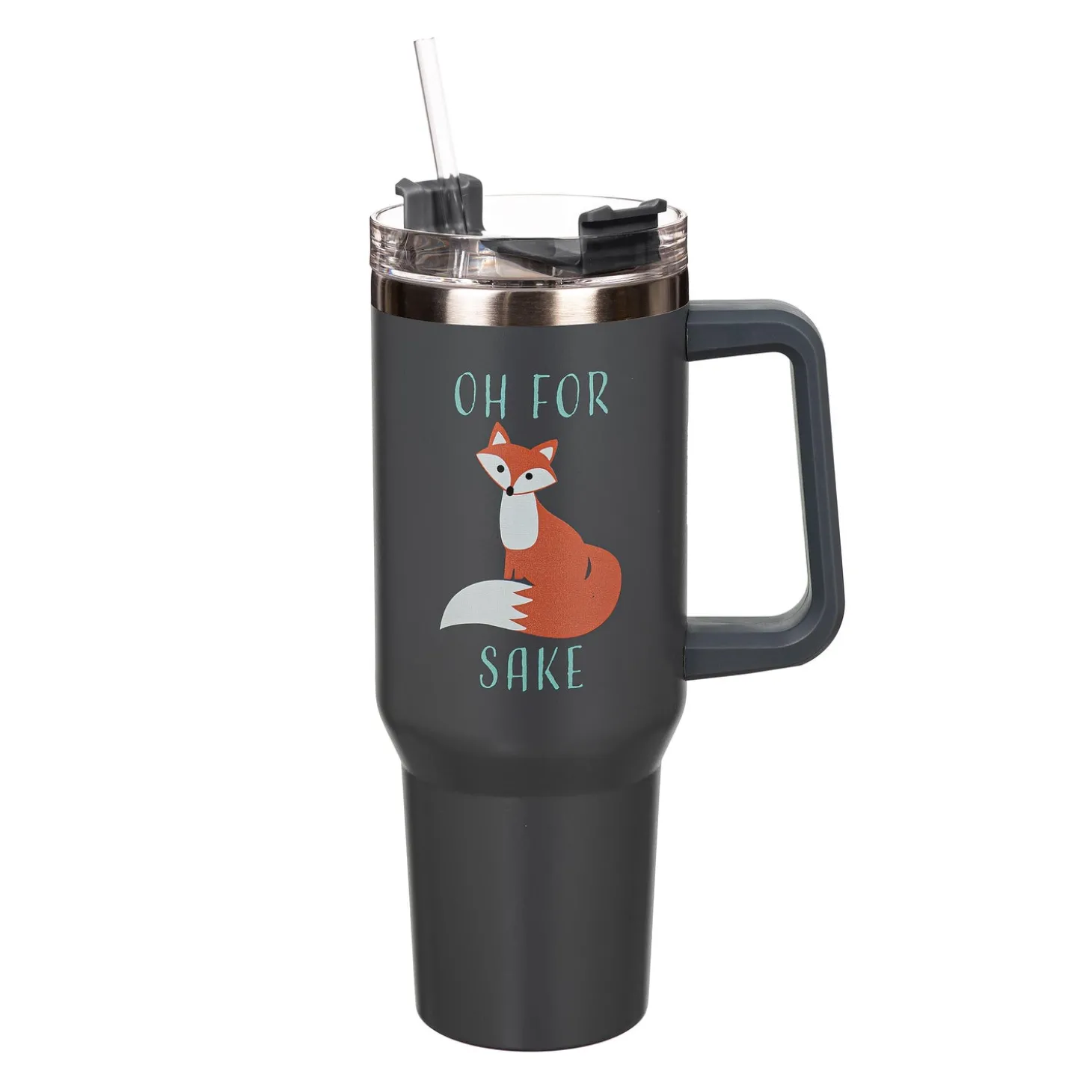 Travel Cups>Plow & Hearth Oh For Fox Sake Canyon Cup, Double Wall Stainless Steel w/ Straw, 40oz, Gift Box