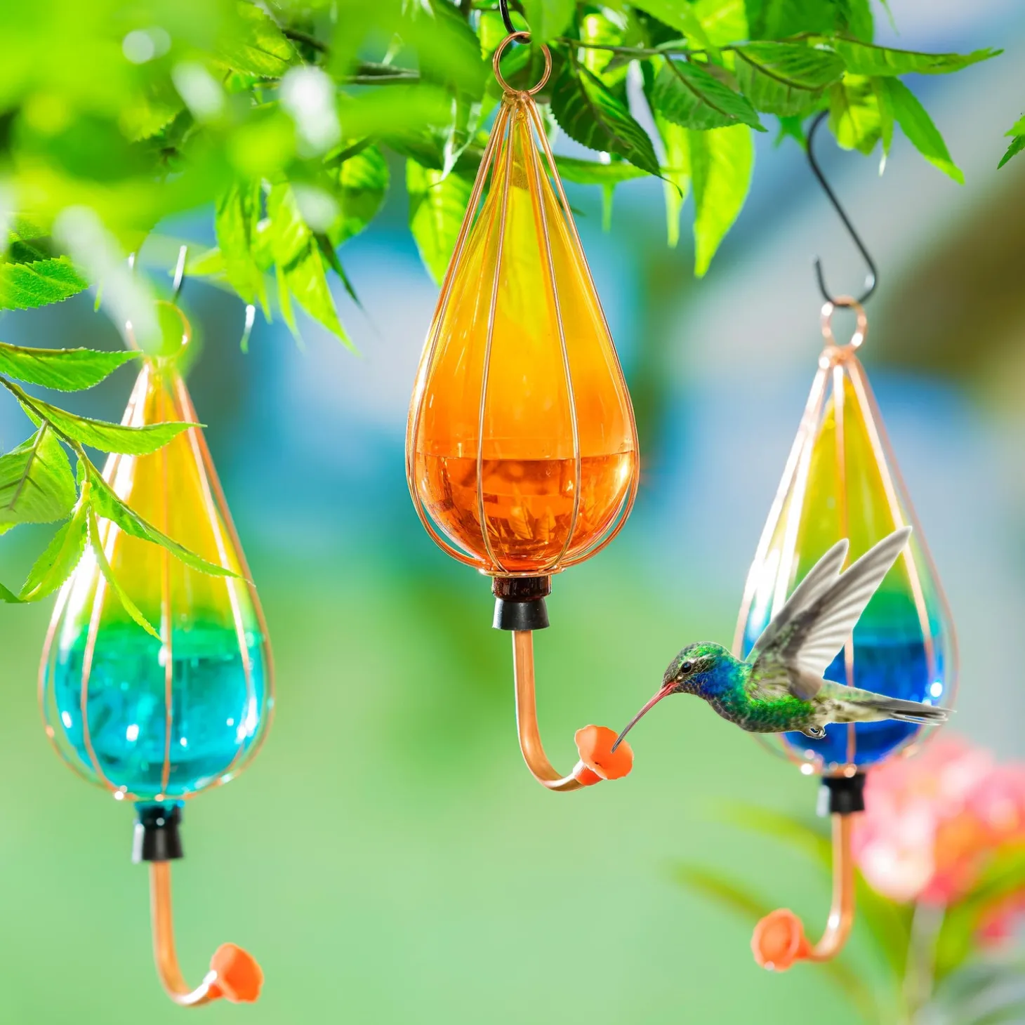 Hummingbird Feeders>Plow & Hearth Ombre Glass Hummingbird Feeders, Set of 3