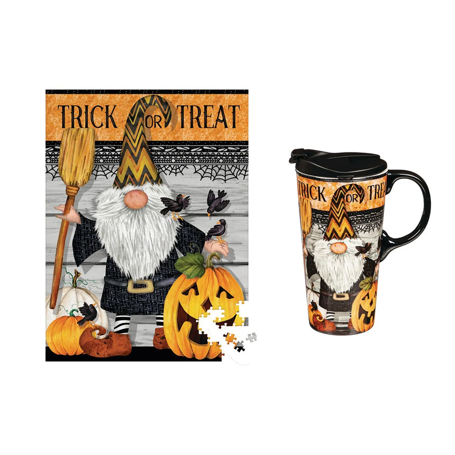 Travel Cups>Plow & Hearth 17 OZ Ceramic Cup and Puzzle Gift Set, Trick Or Treat Gnome