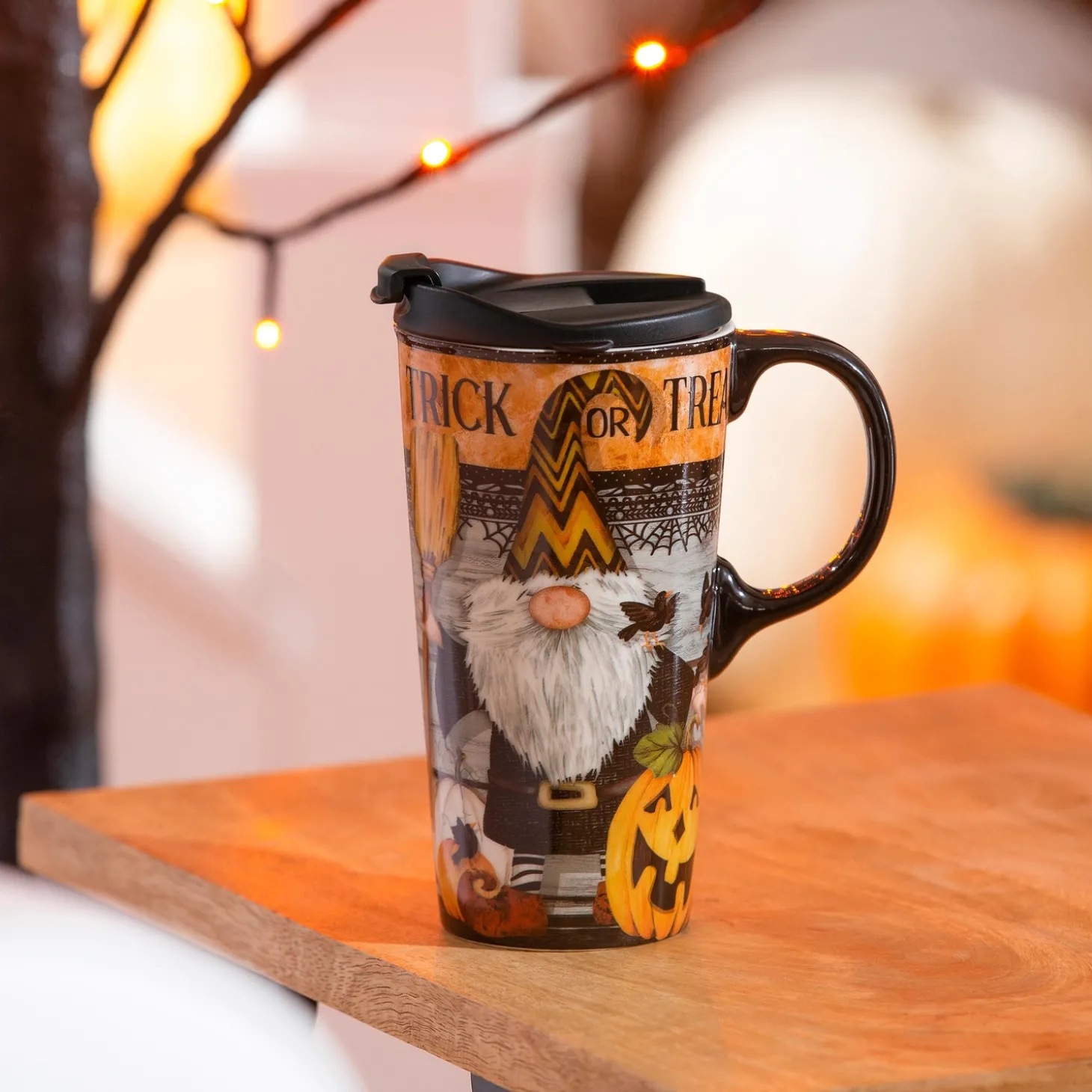 Travel Cups>Plow & Hearth 17 OZ Ceramic Cup and Puzzle Gift Set, Trick Or Treat Gnome