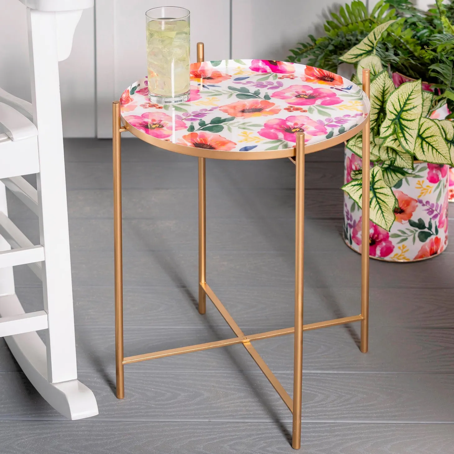 Accent Tables | Outdoor Side Tables>Plow & Hearth Pastels of Nature Printed Pink Metal Side table