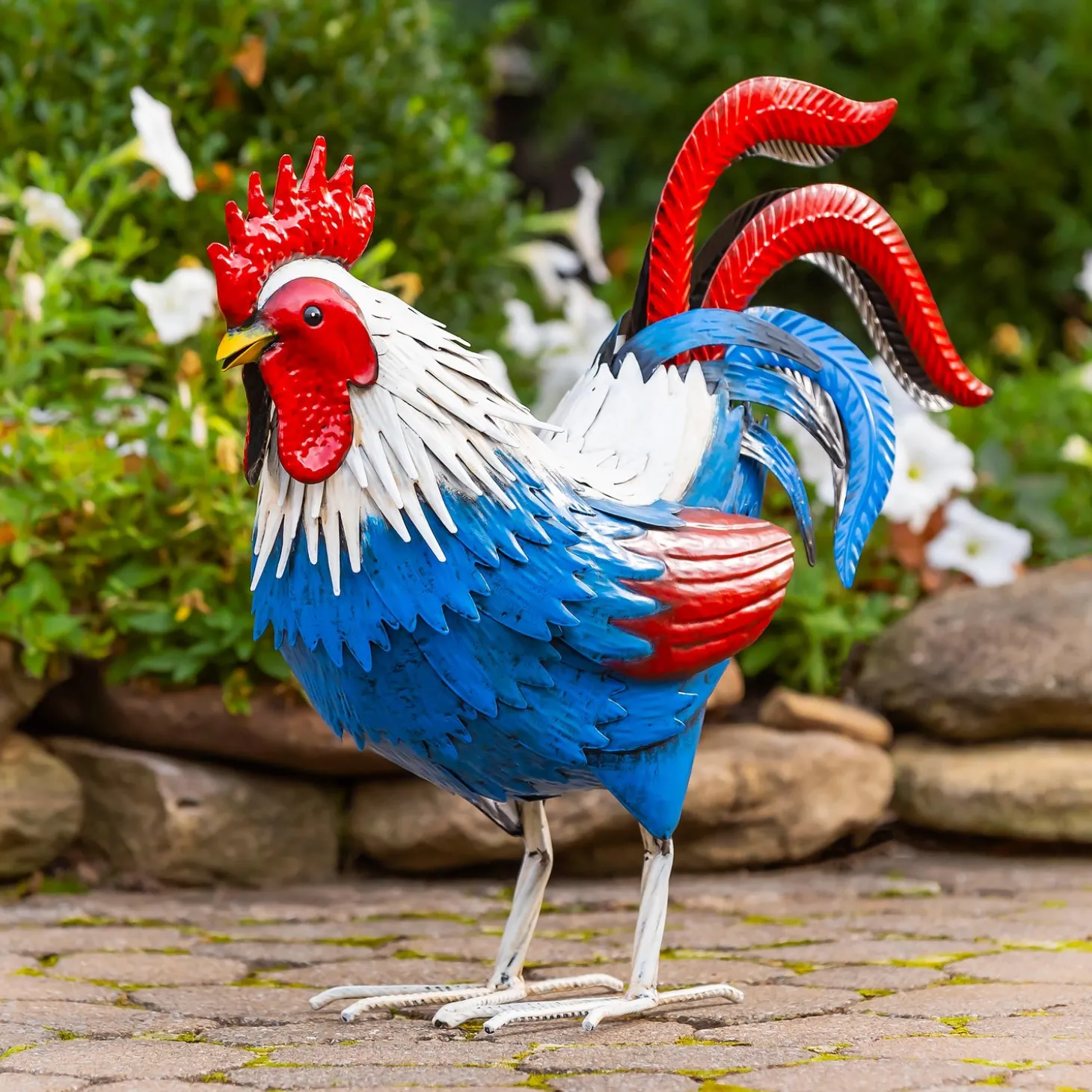 Garden Statues>Plow & Hearth Patriotic Rooster Metal Garden Statue