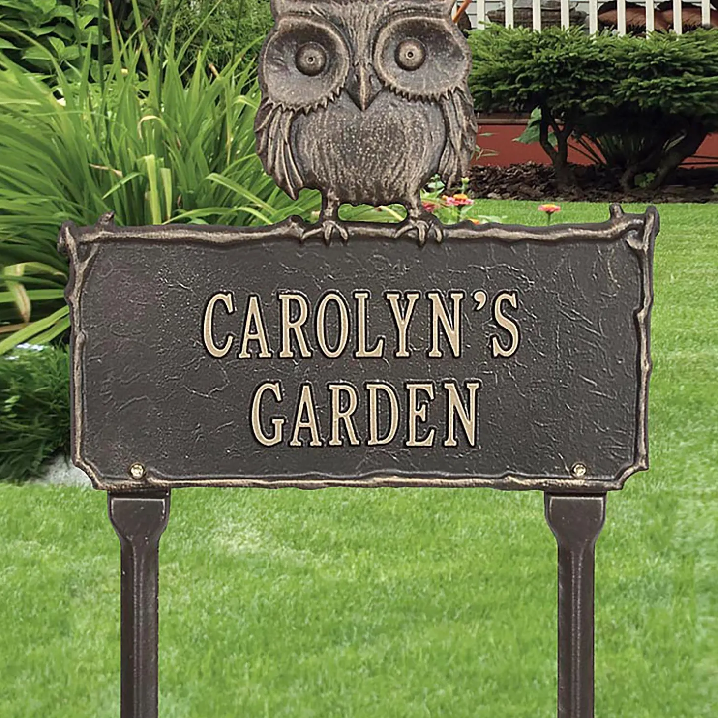 Garden Stakes>Plow & Hearth Personalized Cast Aluminum Owl Sign Bronze