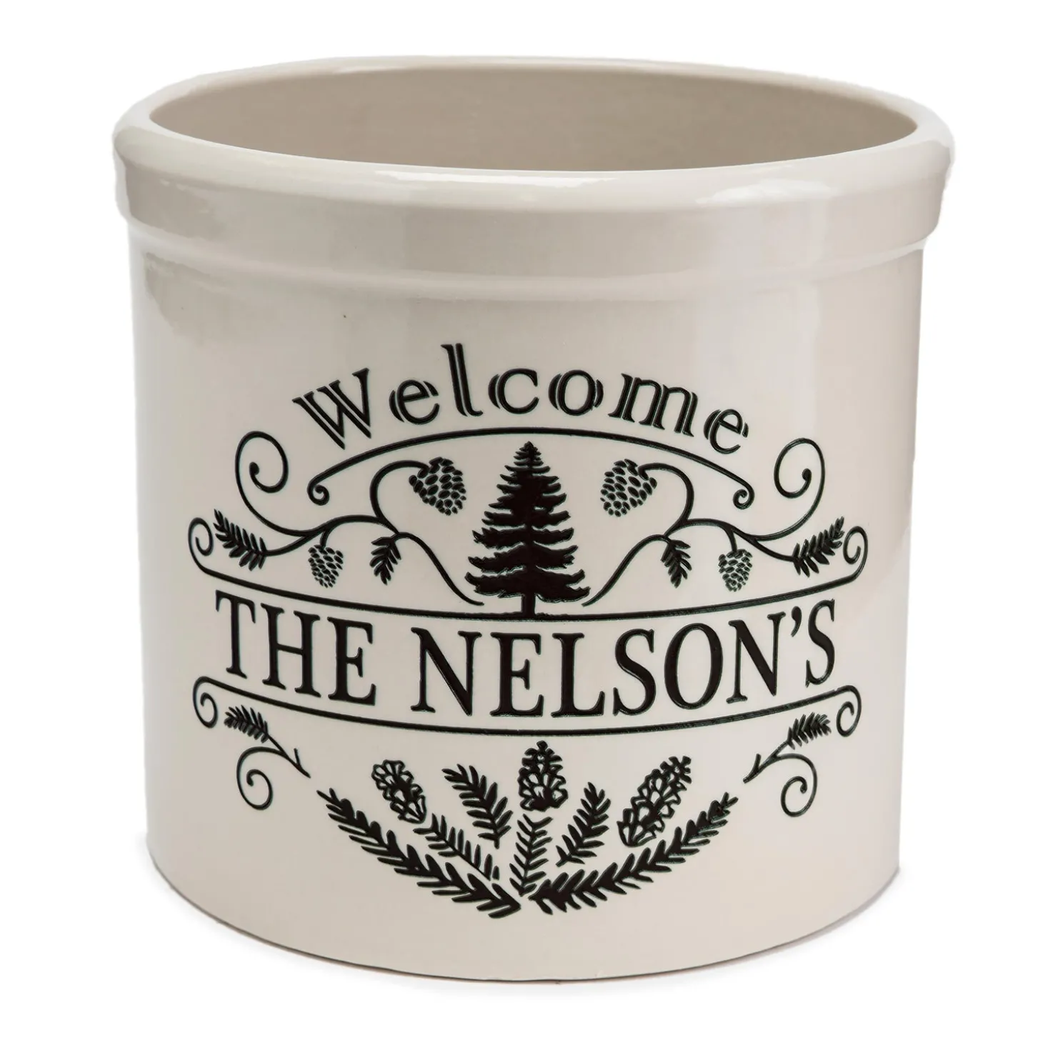 Planters & Plant Stands>Plow & Hearth Personalized Pine Welcome Stoneware Crock